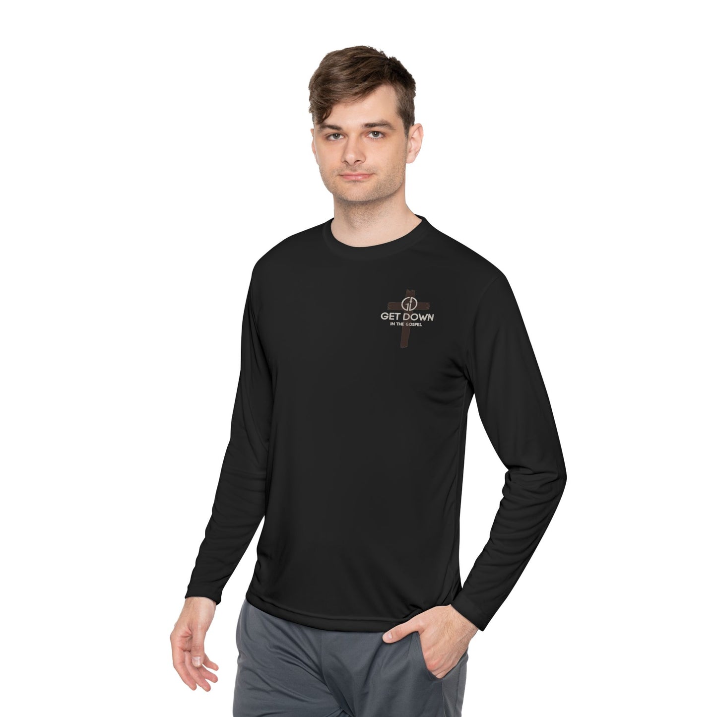 Christian Shield & Swords Long Sleeve Tee — "Get Down on Your Knees" Faith Graphic