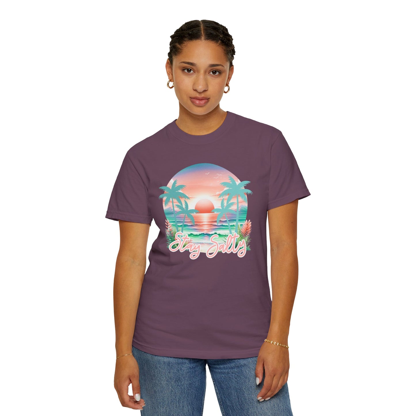 COMFORT COLORS - Stay Salty Beach T-Shirt — Retro Sunset Palm Tee
