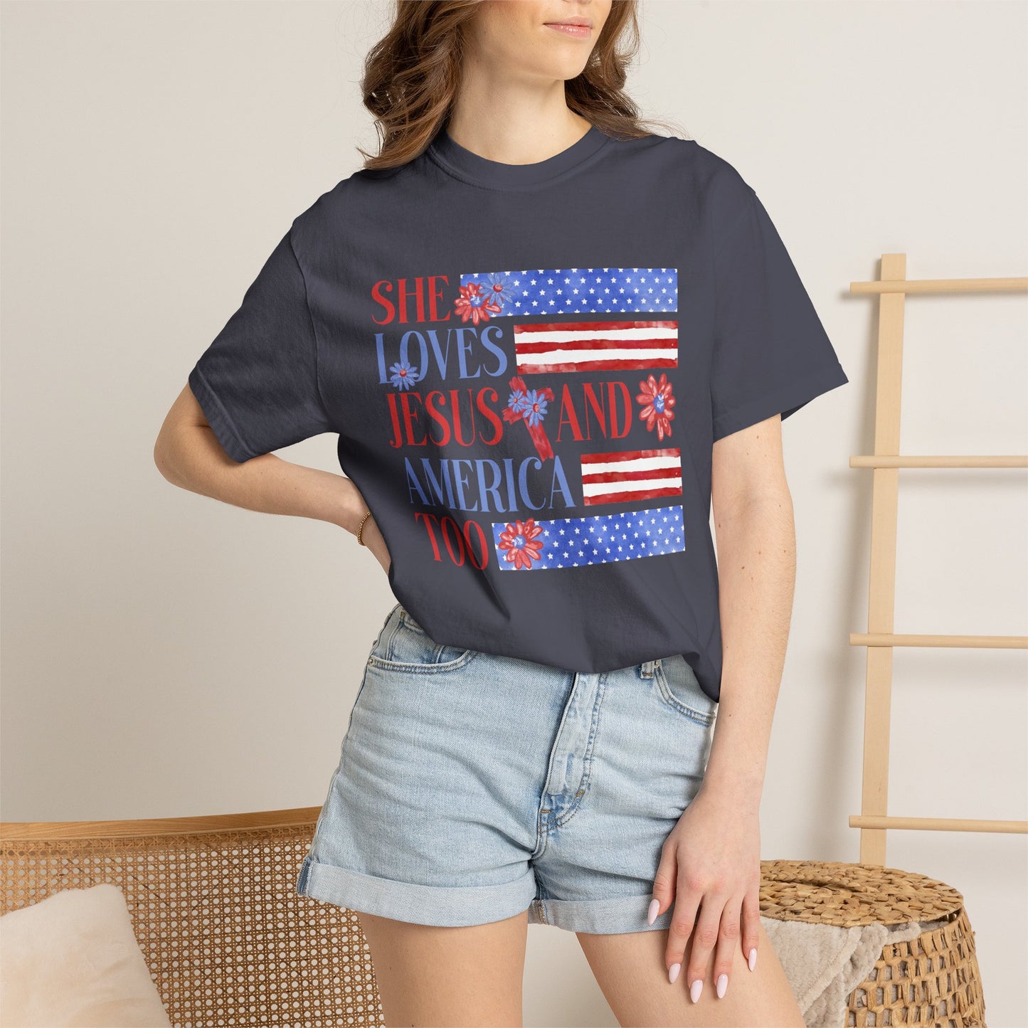 COMFORT COLORS - She Loves Jesus and America Too T-Shirt — Patriotic Christian Tee for Women (July 4th)