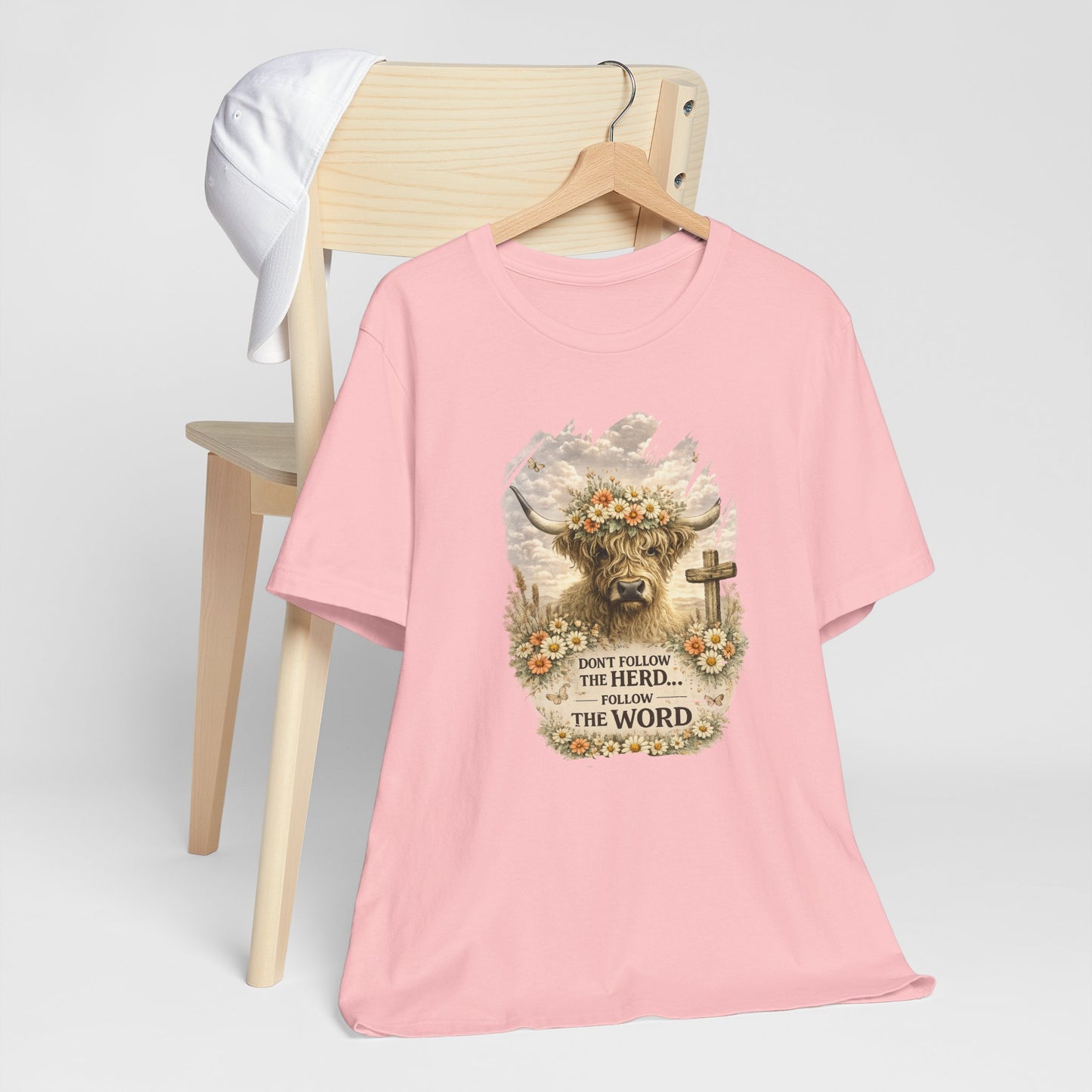 Christian Cow Graphic Tee - "Don't Follow the Herd, Follow the Word" Floral Cross T-Shirt