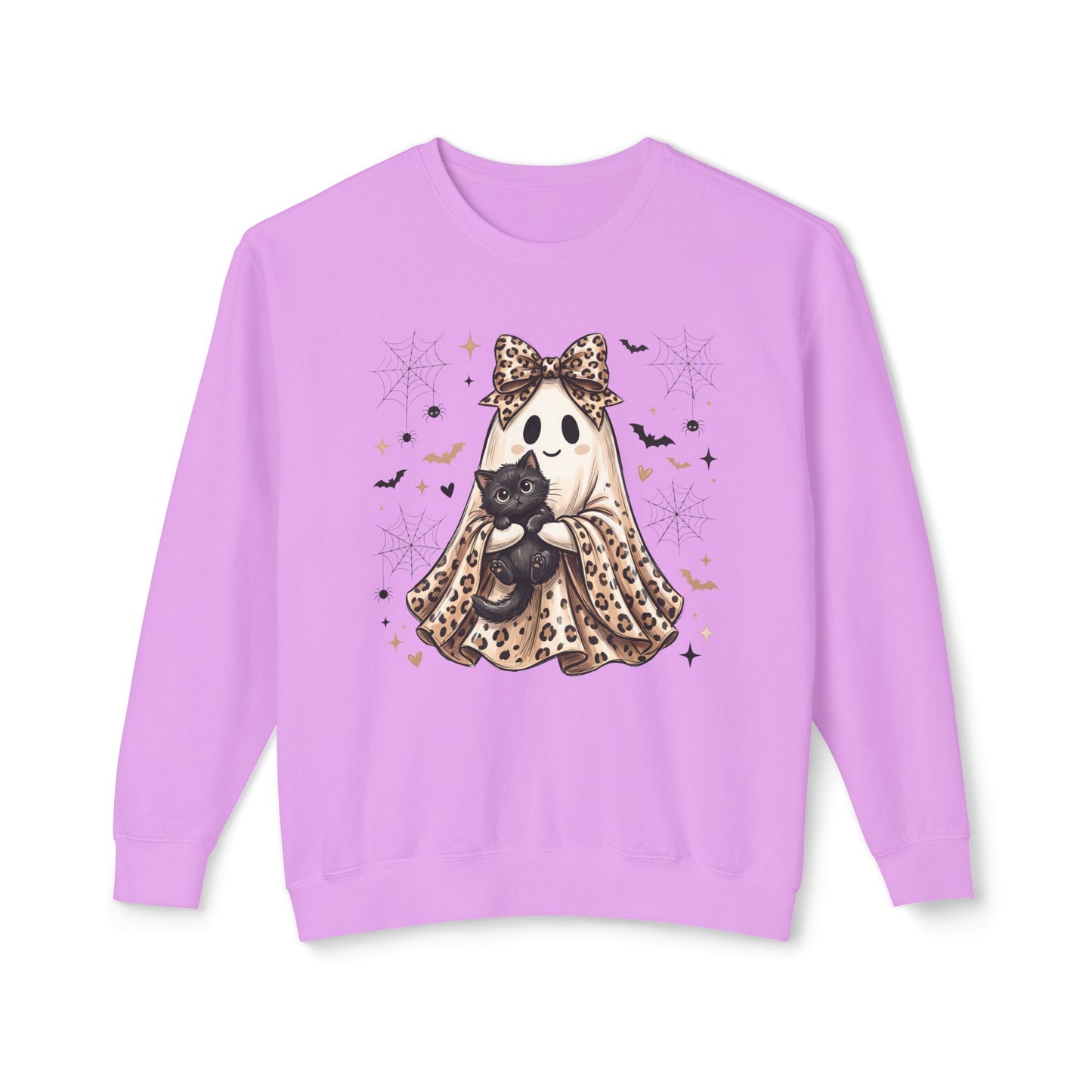 COMFORT COLORS - Leopard Bow Ghost Sweatshirt — Cute Halloween Ghost Holding Black Cat