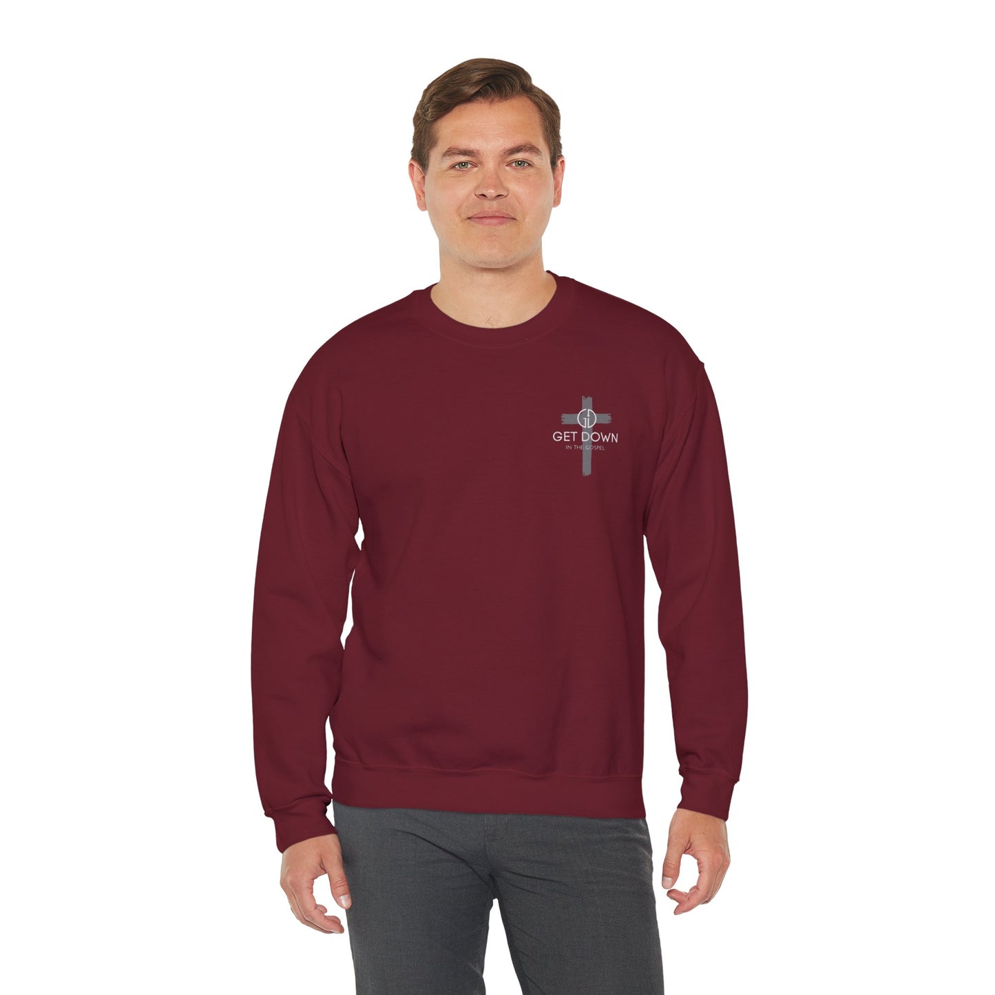 GET DOWN IN THE GOSPEL GRAY CROSS WHITE FONT