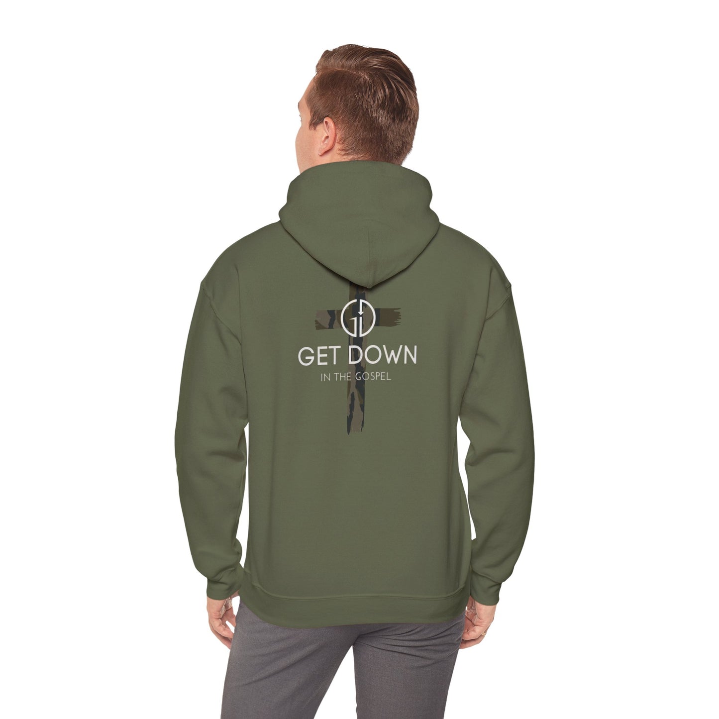 GET DOWN IN THE GOSPEL ADULT HOODIE GREEN CAMO CROSS