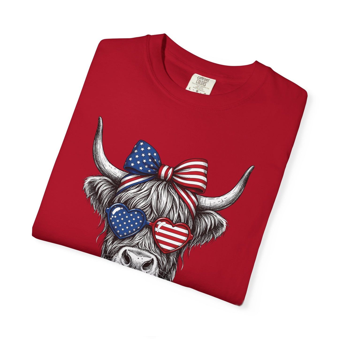 COMFORT COLORS - Patriotic Highland Cow T-Shirt — American Flag Heart Sunglasses