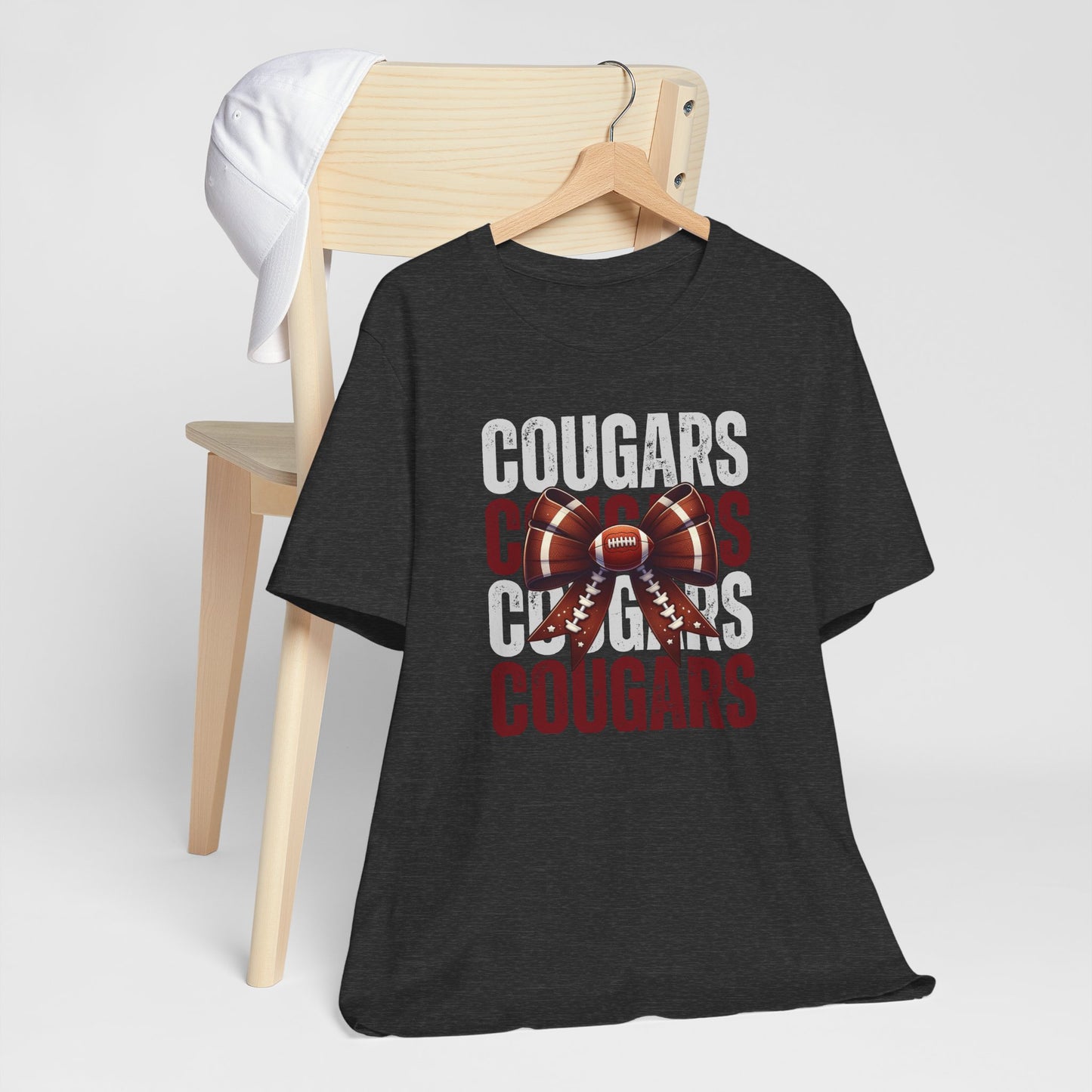 BELLA CANVAS - Cougars Football Tee – Vintage Stacked Design with Football Bow