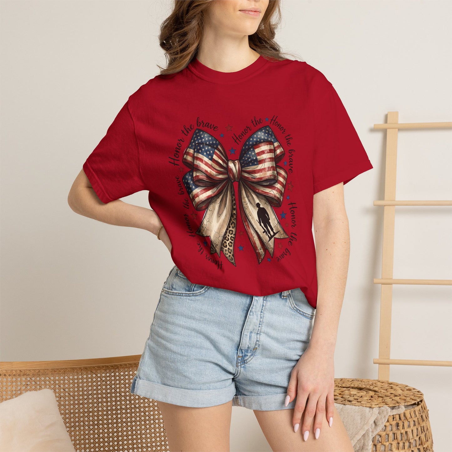 COMFORT COLORS - Patriotic American Flag Bow T-Shirt — "Home of the Brave" Fourth of July Tee
