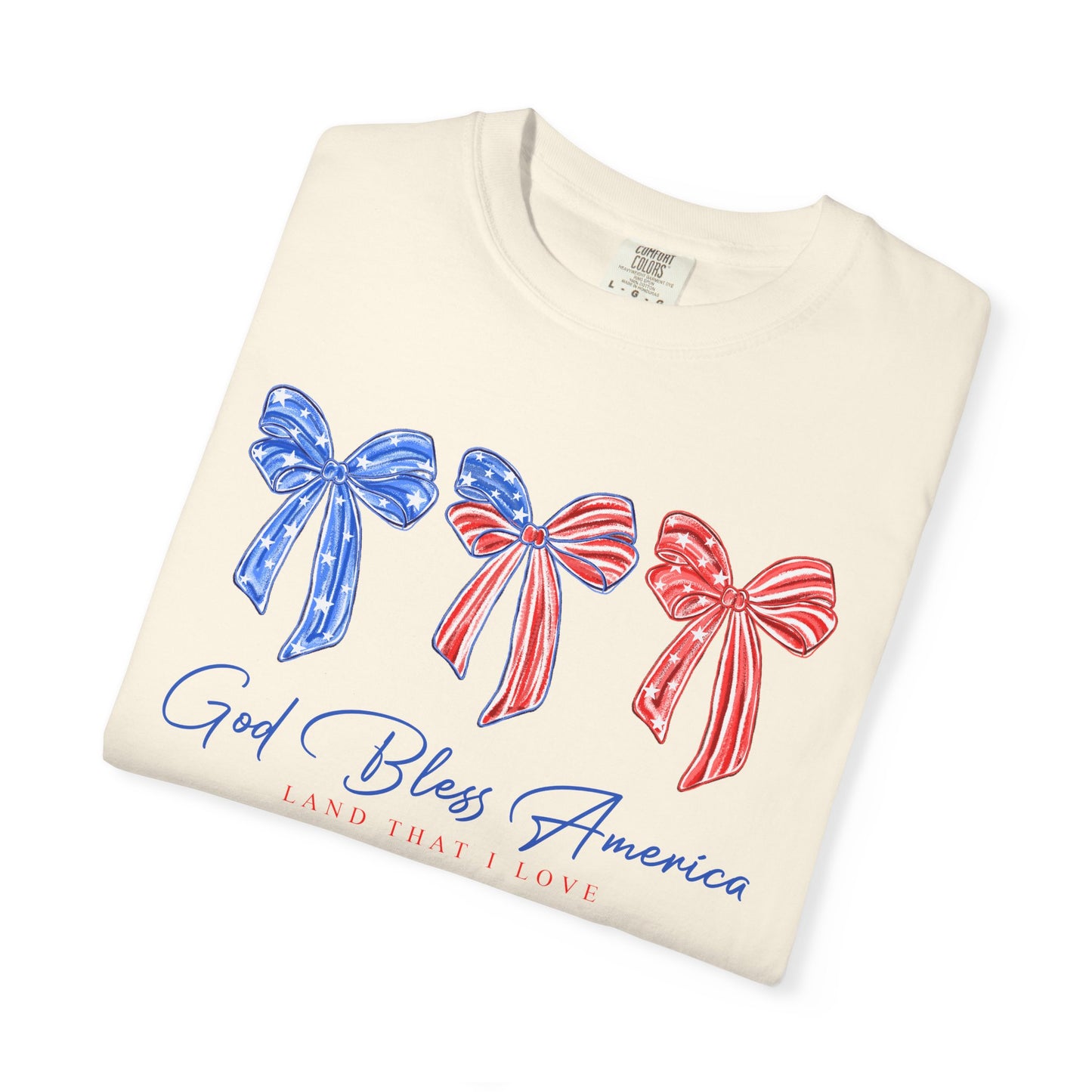 God Bless America Patriotic T-Shirt — Red, White & Blue Bow Design