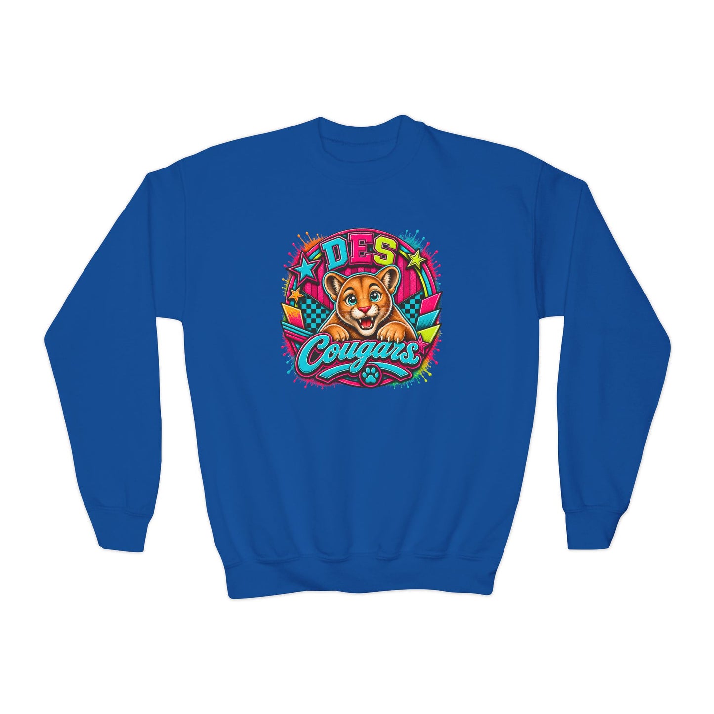 GILDAN - Youth Crewneck Sweatshirt — Vibrant 'DES Cougars' Mascot Graphic