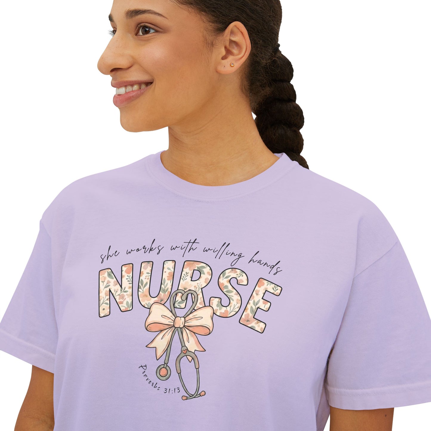 COMFORT COLOR - Nurse Boxy Tee — Floral Stethoscope Graphic for Women, "Nurse" Gift