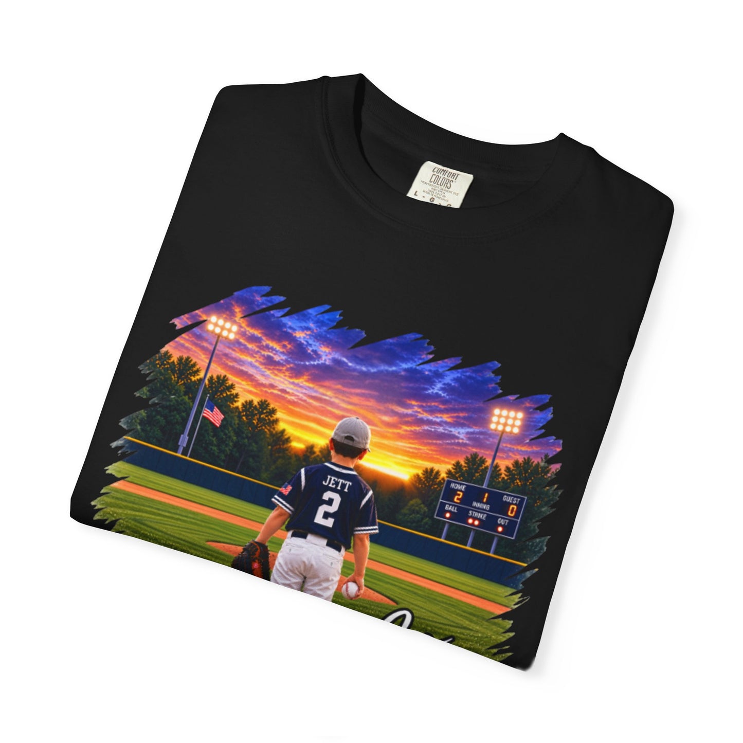 *** SPECIAL REQUESTS - MORGAN JETT - COMFORT COLORS - Baseball Player Sunset T-Shirt — "Go Jack" Personalized Team Tee