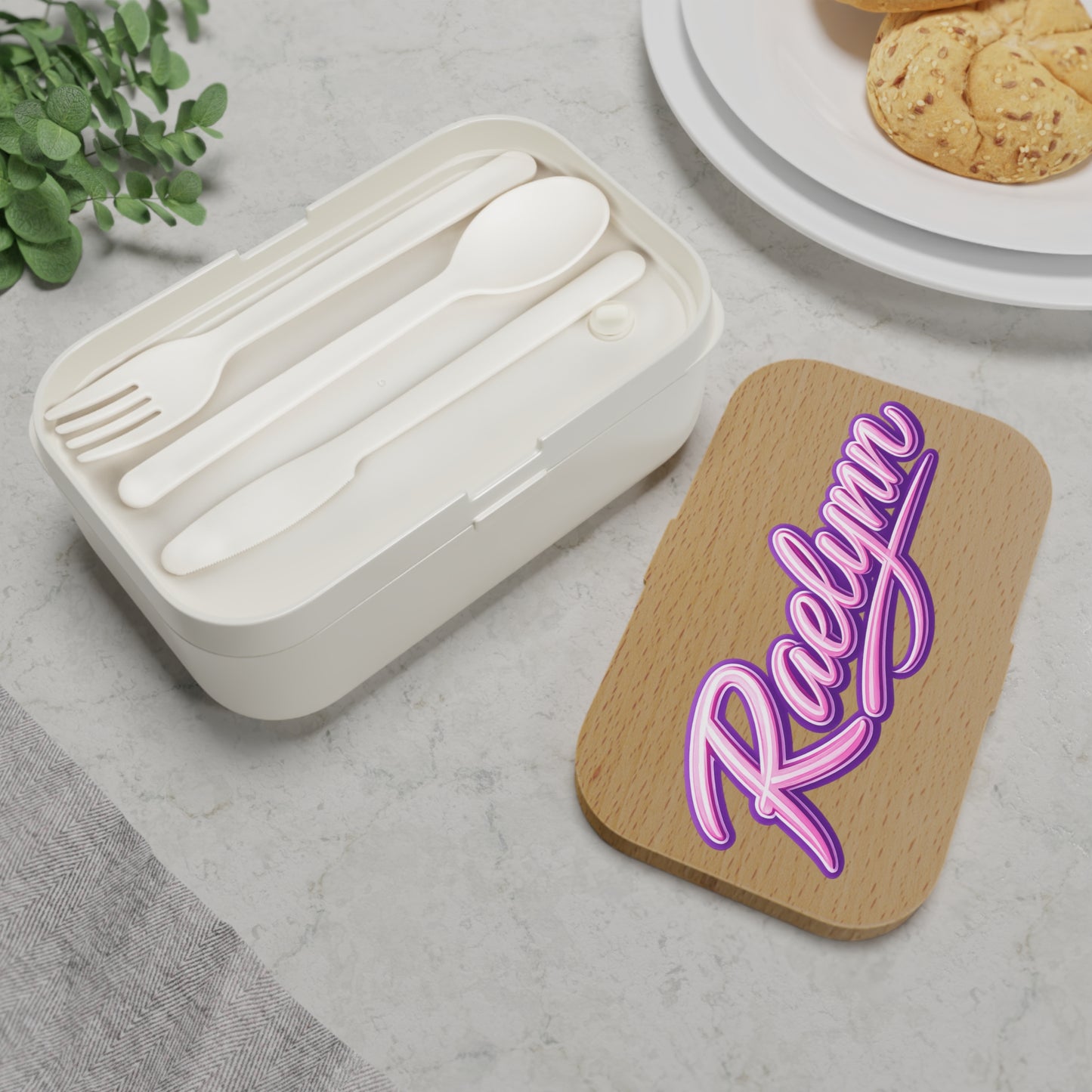 *** MESSAGE ME FOR PERSONALIZATION *** Personalized Bento Lunch Box — 'Raelynn' Pink Script Name on Wood Grain