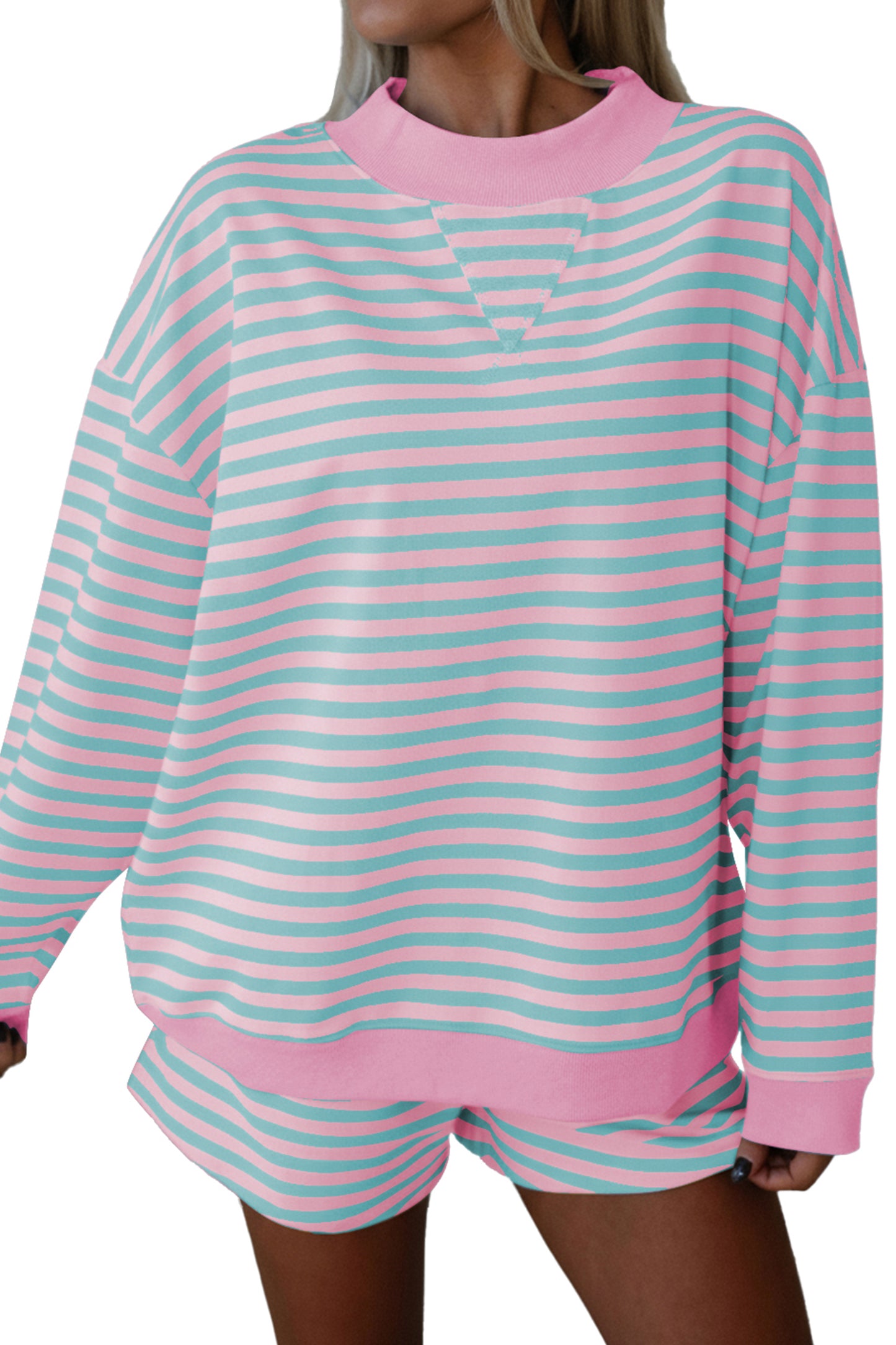 Yellow Stripe Color Block Detail Long Sleeve Pullover Elastic Waist Pull On Shorts 2pcs Set