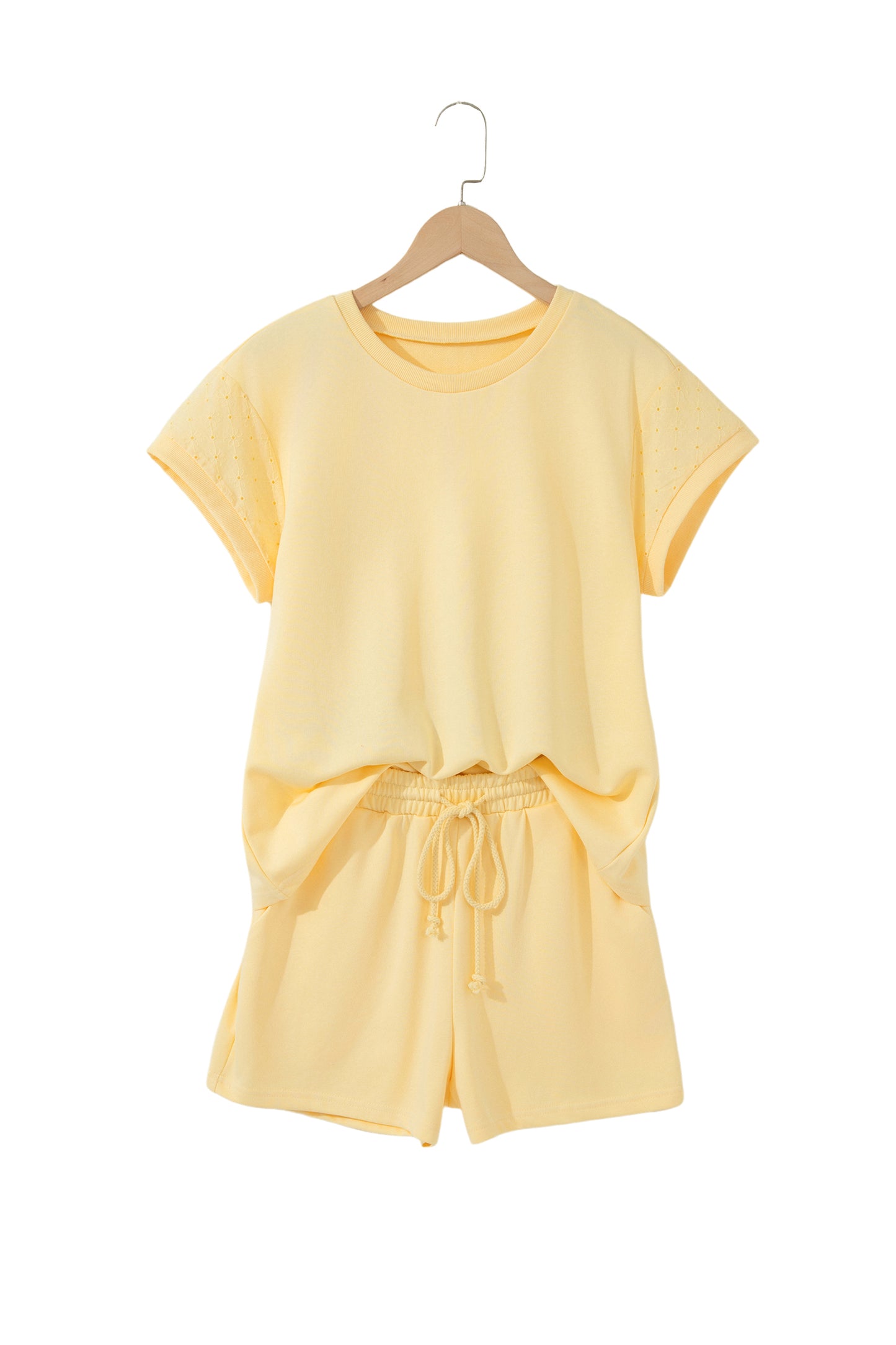 Yellow Eyelet Lace Patchwork Sleeve Short 2pcs Outfit