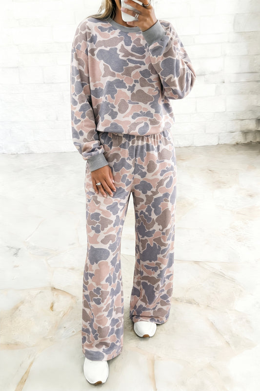 Multicolour Camouflage Print Long Sleeve Top Loose 2pcs Pants Set