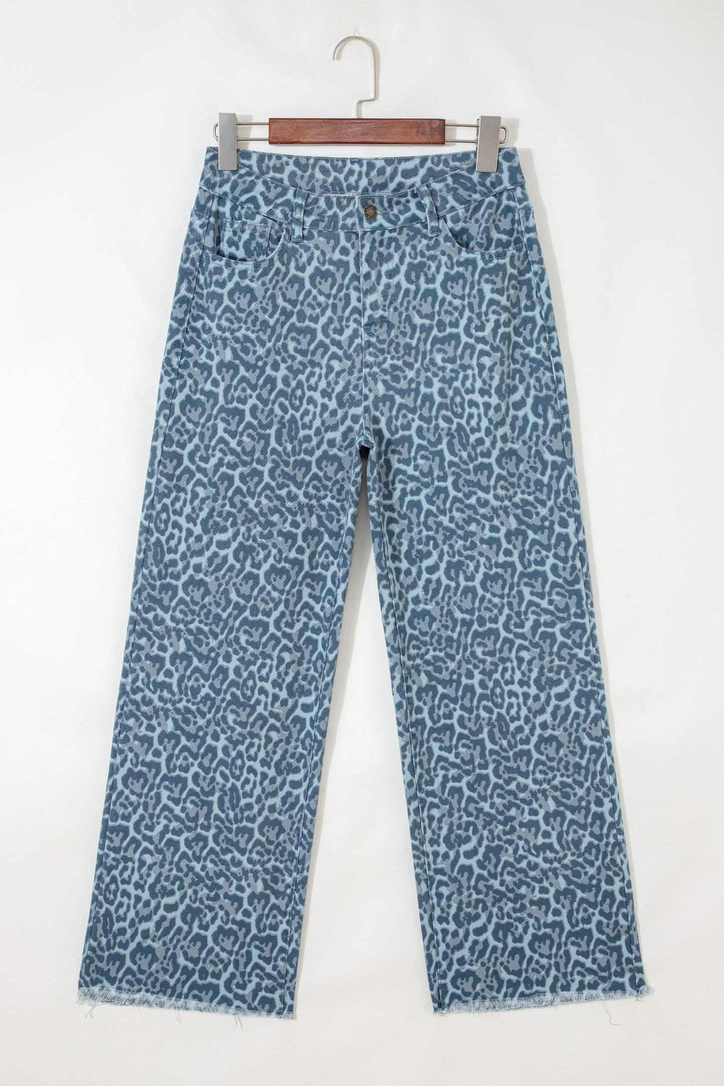 Gray Leopard Frayed Edge Wide Leg High Waist Jeans