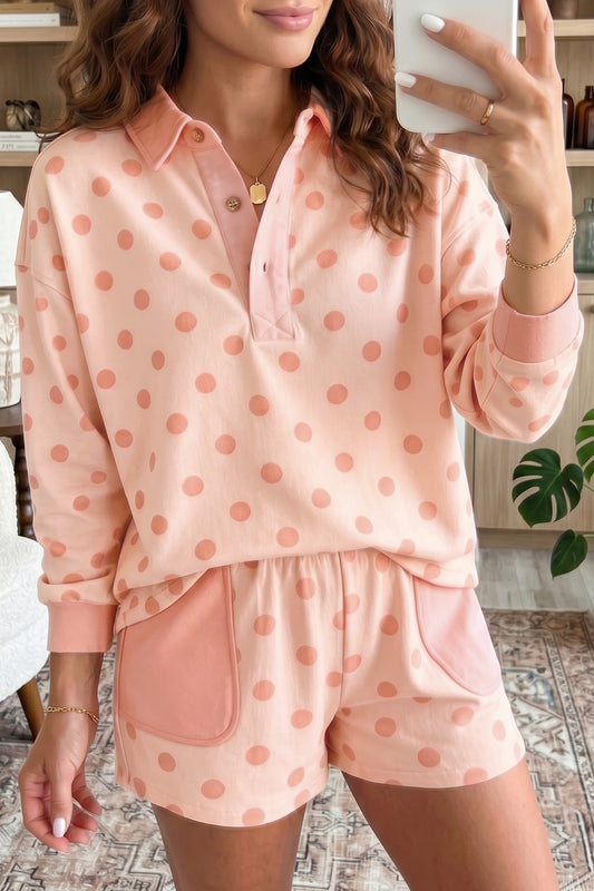 Pink Polka Dot Drop Shoulder Polo Loose Pullover Patch Pocket Casual Shorts Set