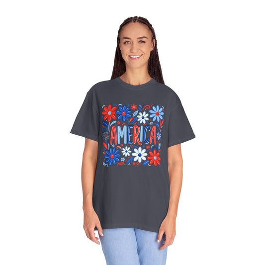 COMFORT COLORS - America Floral T-Shirt — Red, White & Blue Patriotic Tee