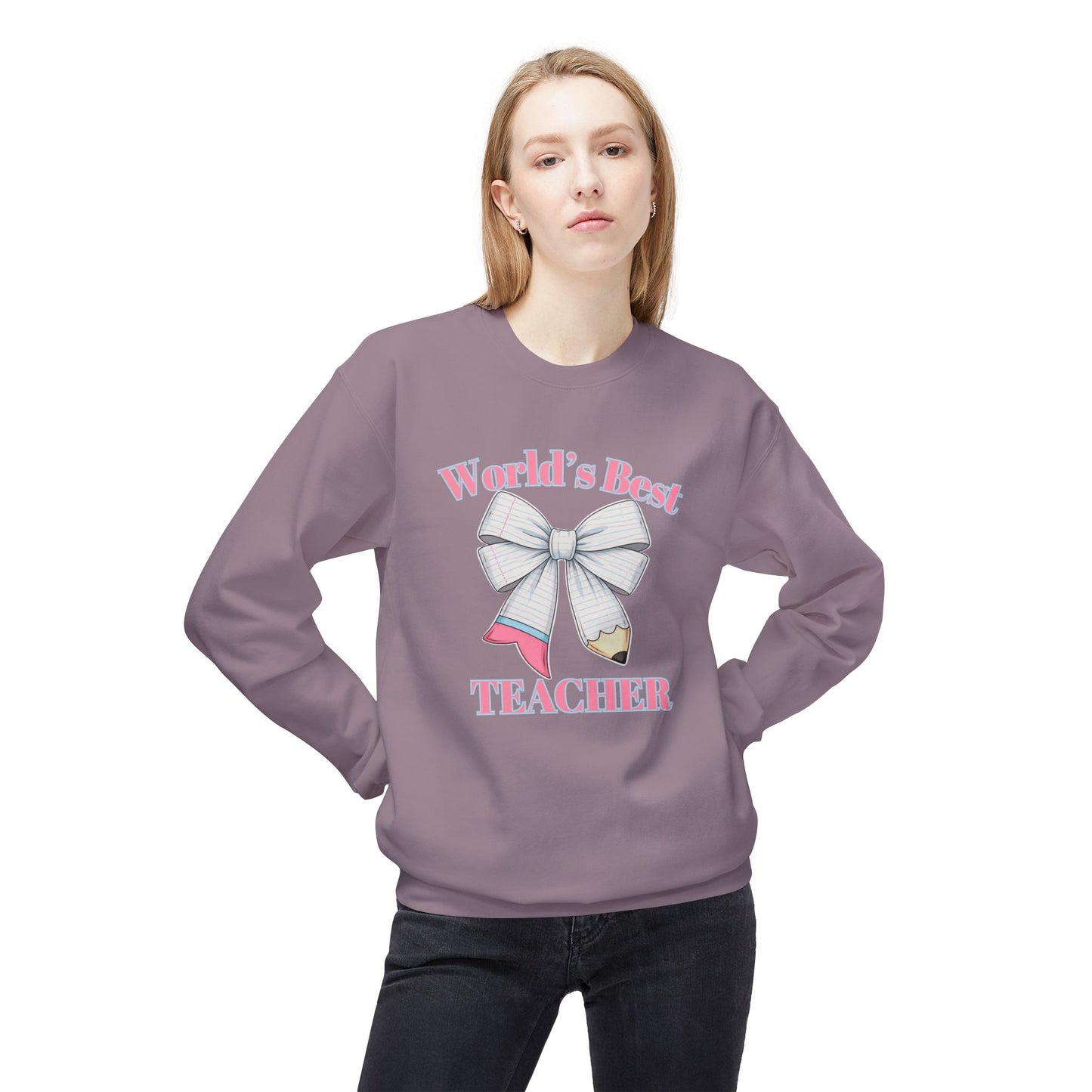 GILDAN -World’s Best Teacher Crewneck Sweatshirt — Bow & Pencil Teacher Gift
