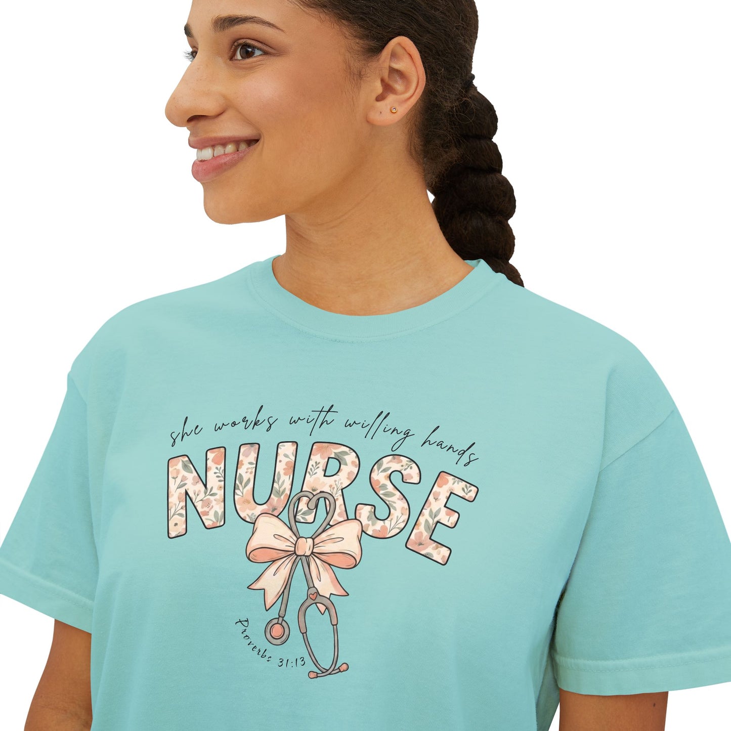 COMFORT COLOR - Nurse Boxy Tee — Floral Stethoscope Graphic for Women, "Nurse" Gift