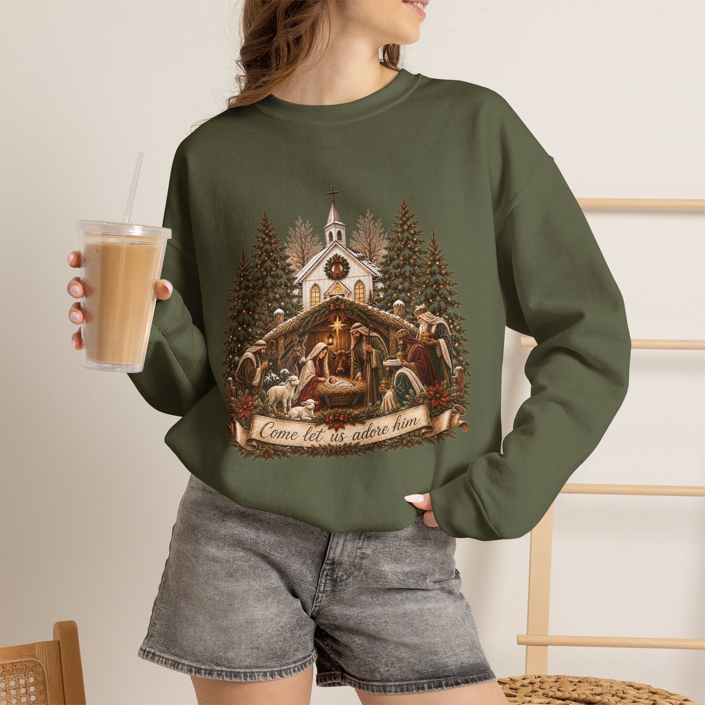 GILDAN - Nativity Scene Crewneck Sweatshirt - "Come Let Us Adore Him" Christmas Pullover