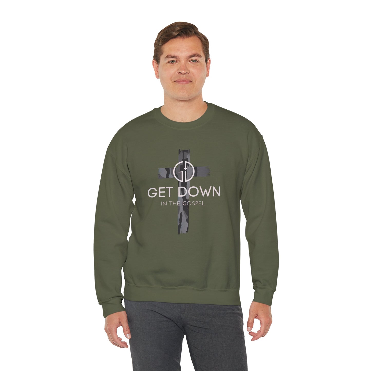 GET DOWN IN THE GOSPEL ADULT SWEATSHIRT GRAY CAMO CROSS