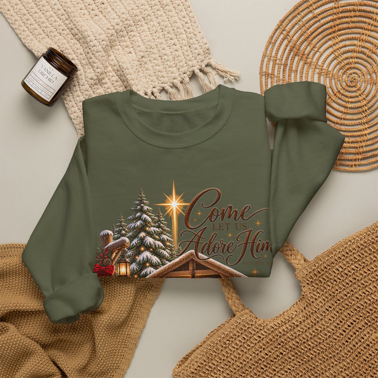 GILDAN - Crewneck Sweatshirt - 'Come Let Us Adore Him' Nativity Christmas Sweatshirt