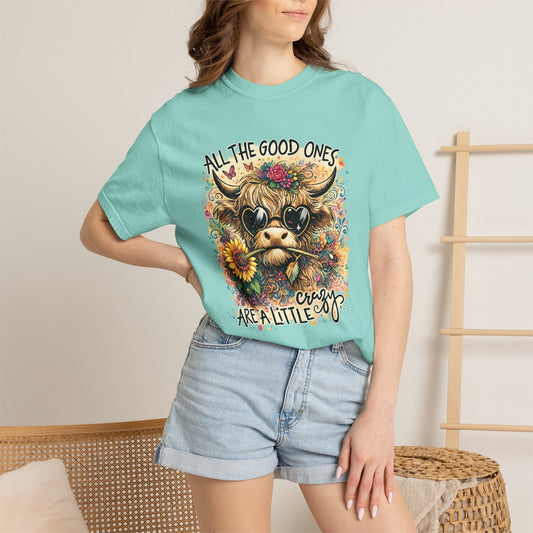 COMFORT COLORS - Cow Graphic T-Shirt — "All the Good Ones Are a Little Crazy" Floral Sunflower Design