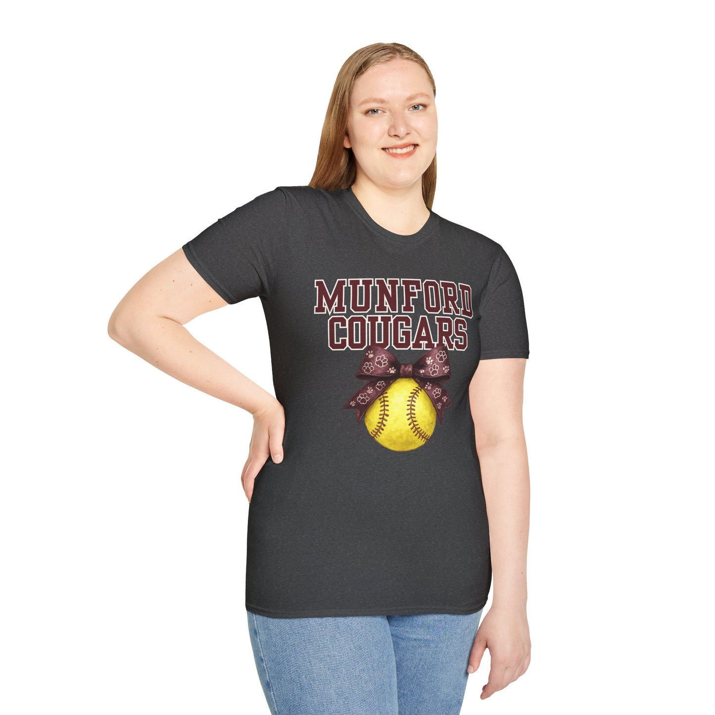 Munford Cougars Softball T-Shirt — Yellow Ball with Bow Team Tee