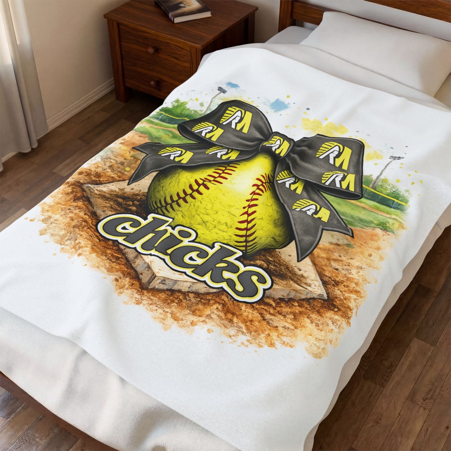 Softball 'Chicks' Velveteen Plush Blanket – Cute Softball Bow Design