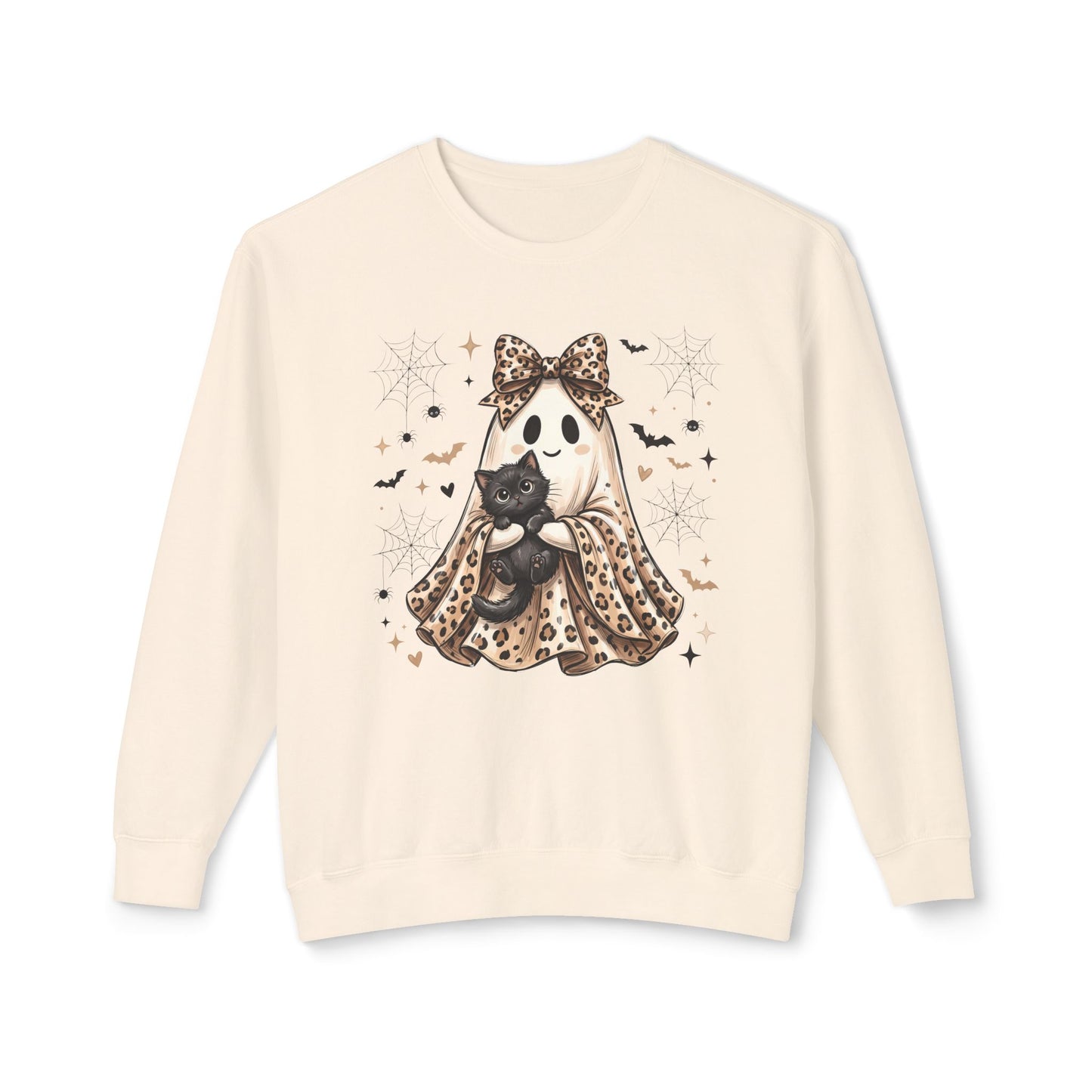 COMFORT COLORS - Leopard Bow Ghost Sweatshirt — Cute Halloween Ghost Holding Black Cat
