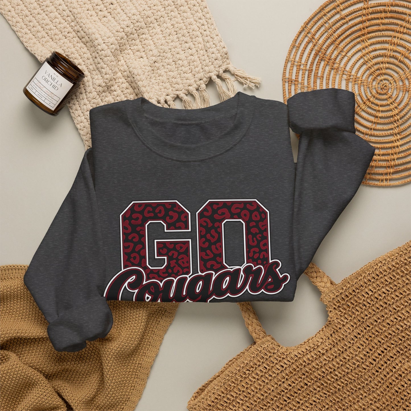 Crewneck Sweatshirt — "Go Cougars" Leopard Varsity School Spirit