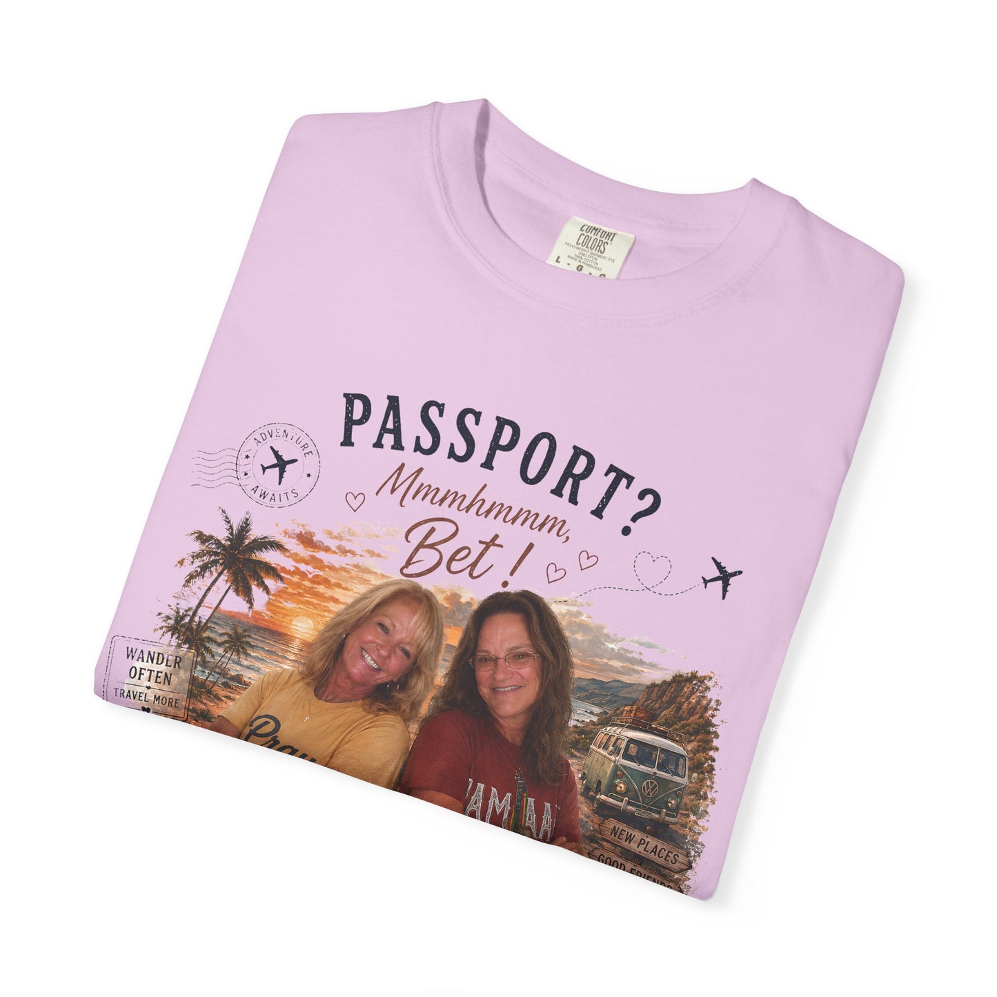 *** SPECIAL ORDER - RHONDA FREEMAN *** Travel Buddies T‑Shirt — "Passport? Maximum? Bet!" Retro Vacation Photo Tee