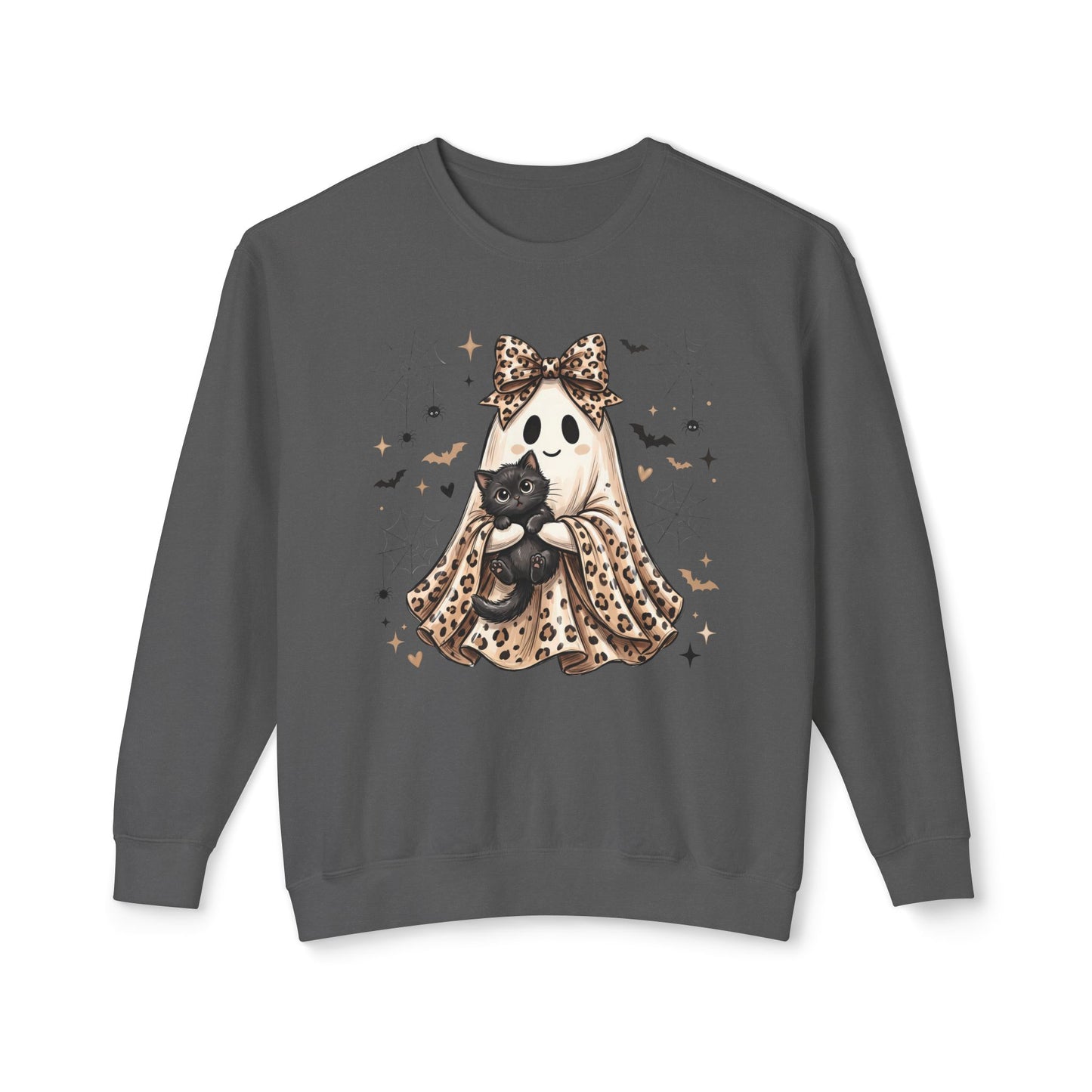 COMFORT COLORS - Leopard Bow Ghost Sweatshirt — Cute Halloween Ghost Holding Black Cat