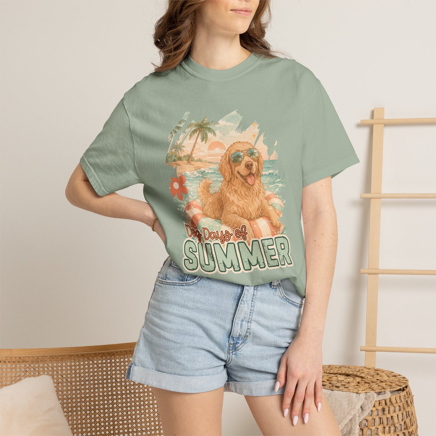 COMFORT COLORS - Dog Days of Summer T-Shirt — Retro Golden Retriever Beach Tee