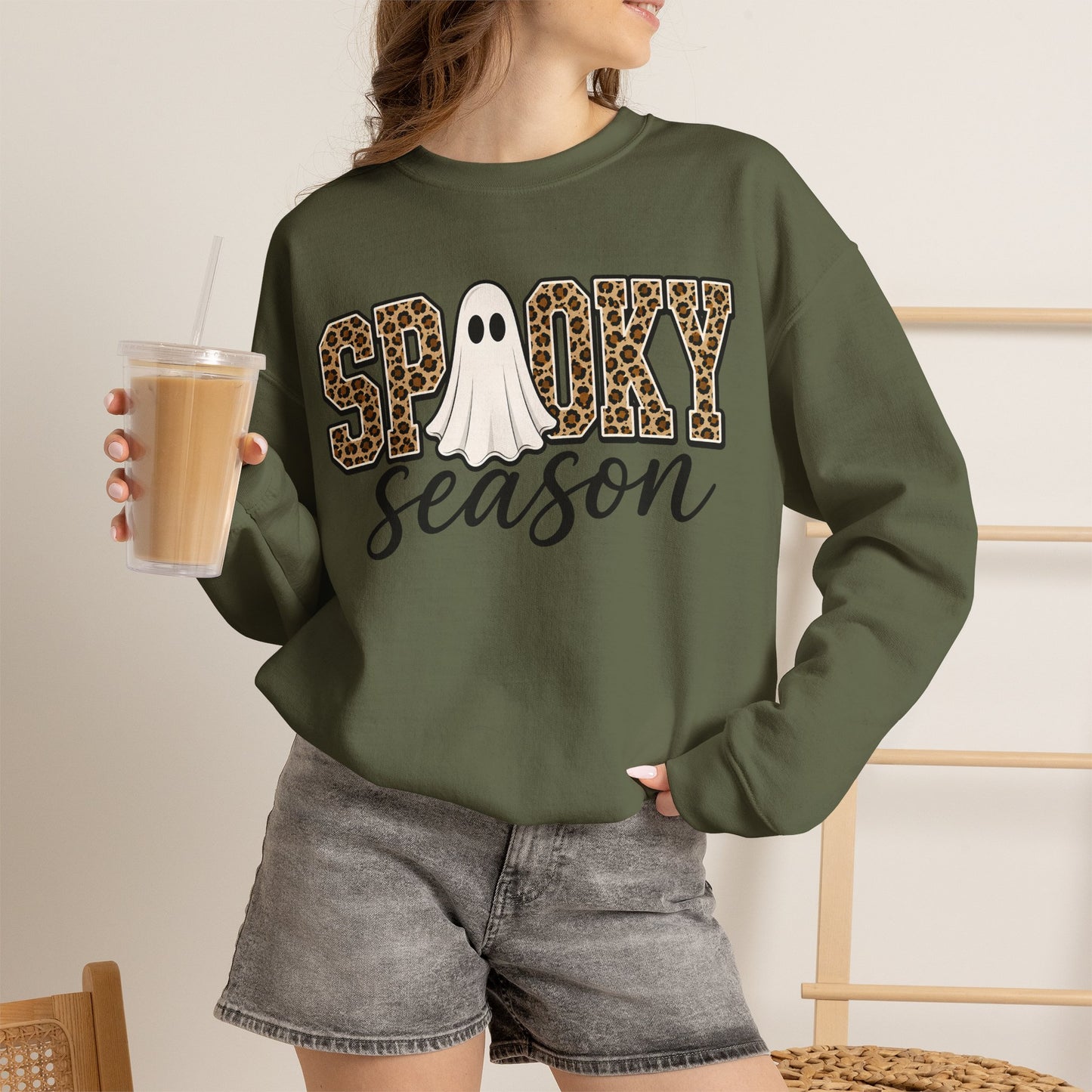 GILDAN - Spooky Season Sweatshirt — Leopard Print Ghost Halloween Crewneck