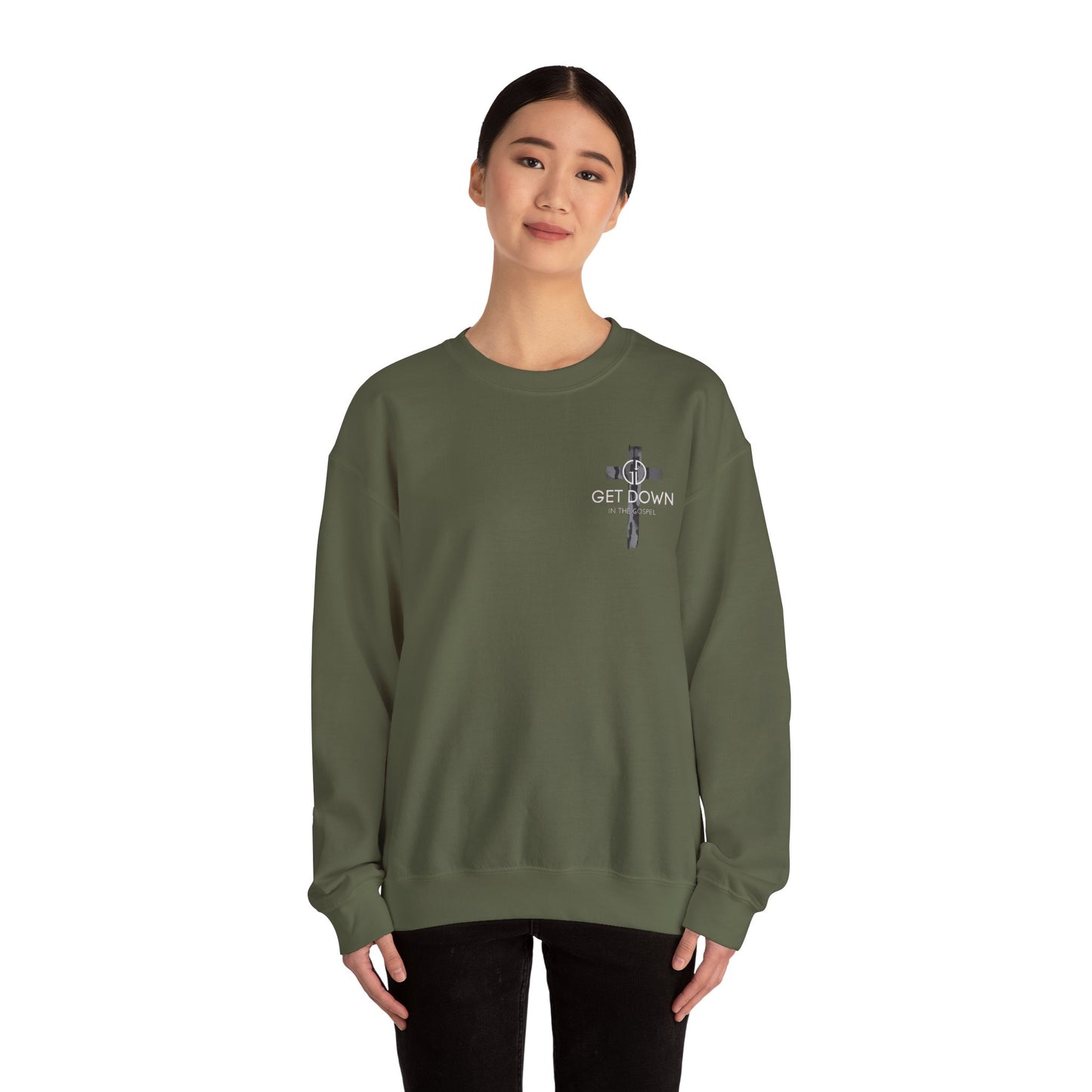 GILDAN - GET DOWN IN THE GOSPEL ADULT SWEATSHIRT GRAY CAMO CROSS