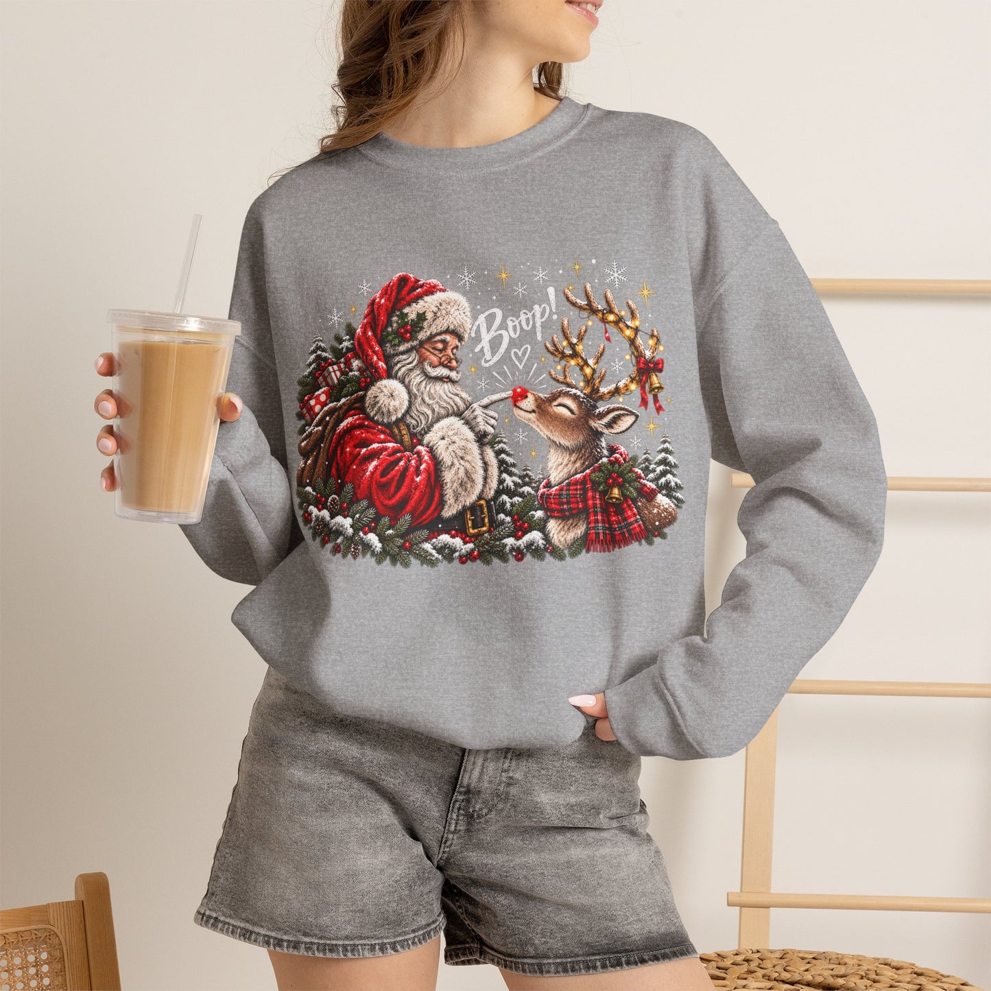 GILDAN - Christmas Santa and Reindeer Crewneck Sweatshirt
