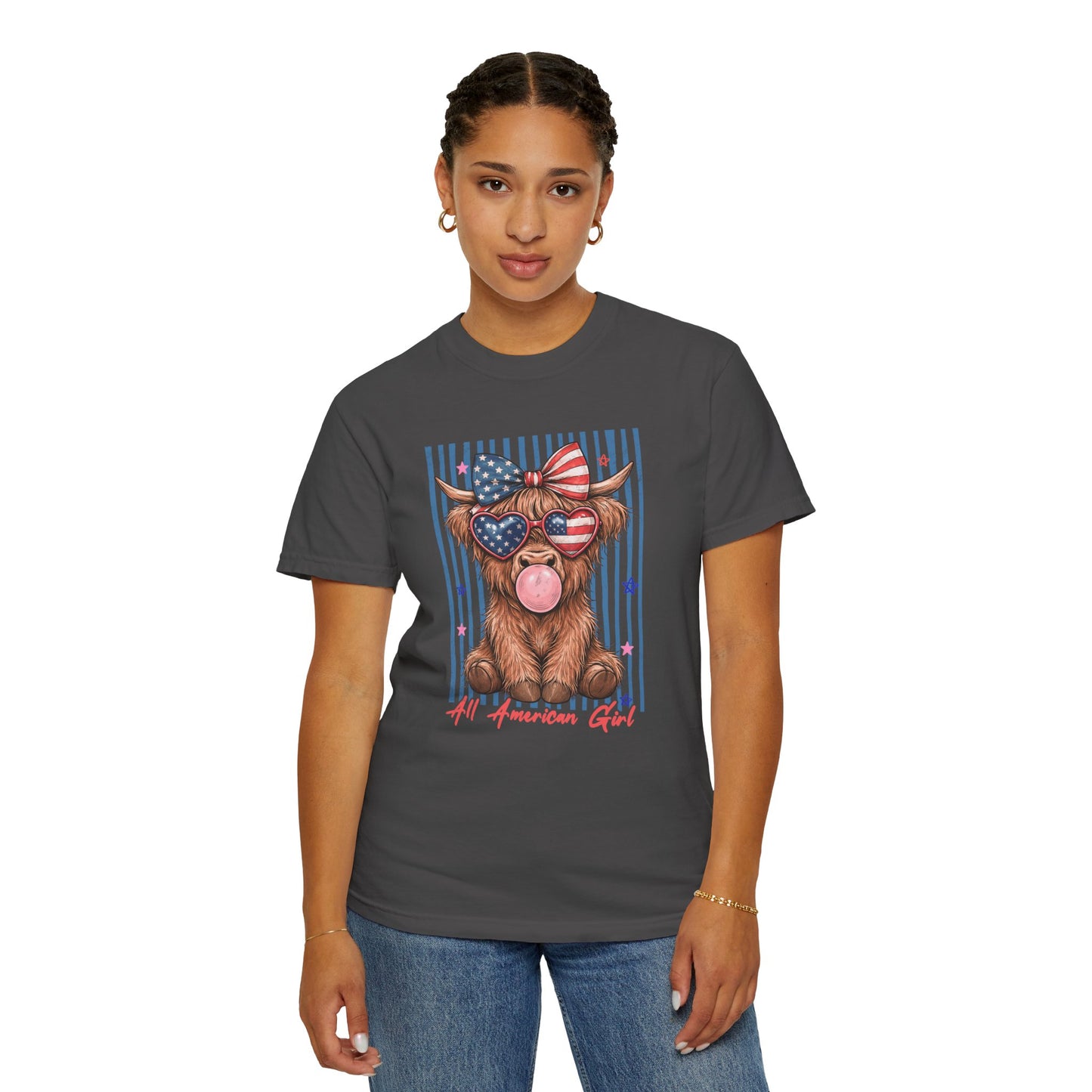 COMFORT COLORS - All American Girl T-Shirt — Patriotic Cow Pup Graphic Tee
