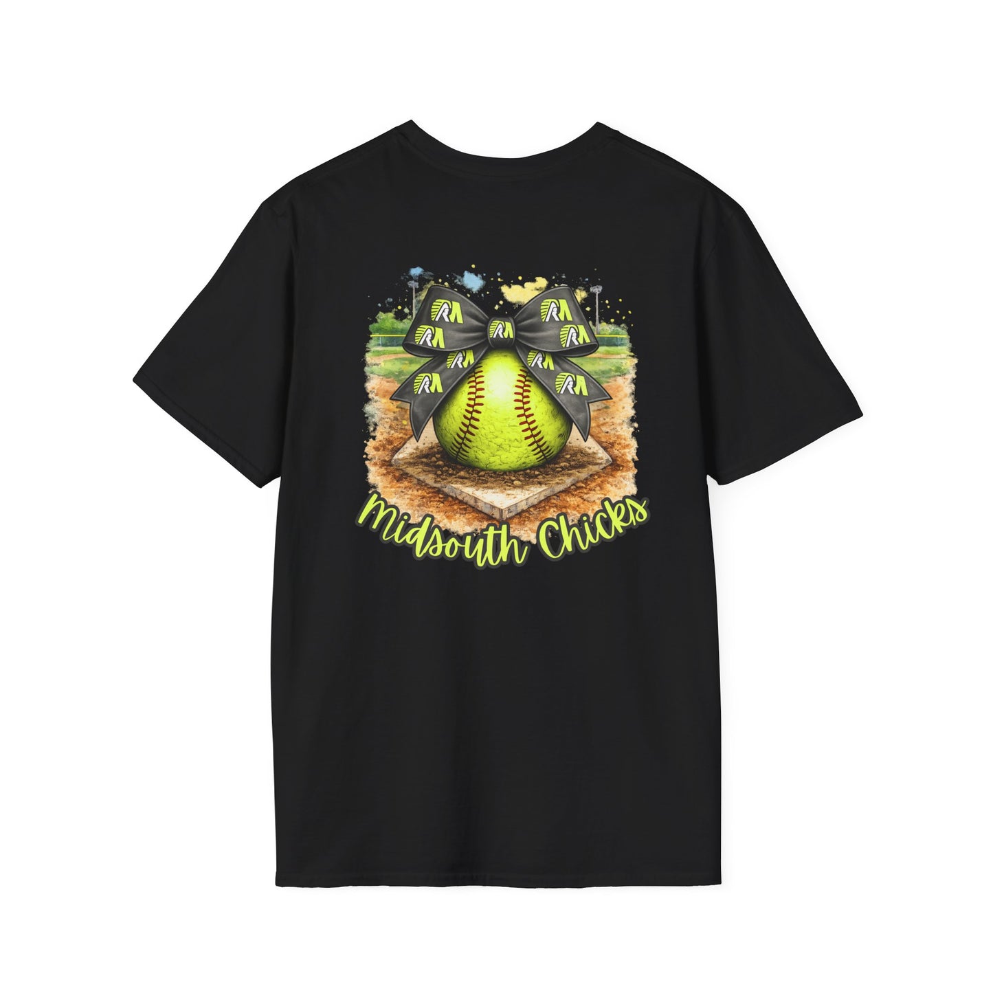 Midsouth Chicks Softball T-Shirt — Neon Green Softball Bow Design