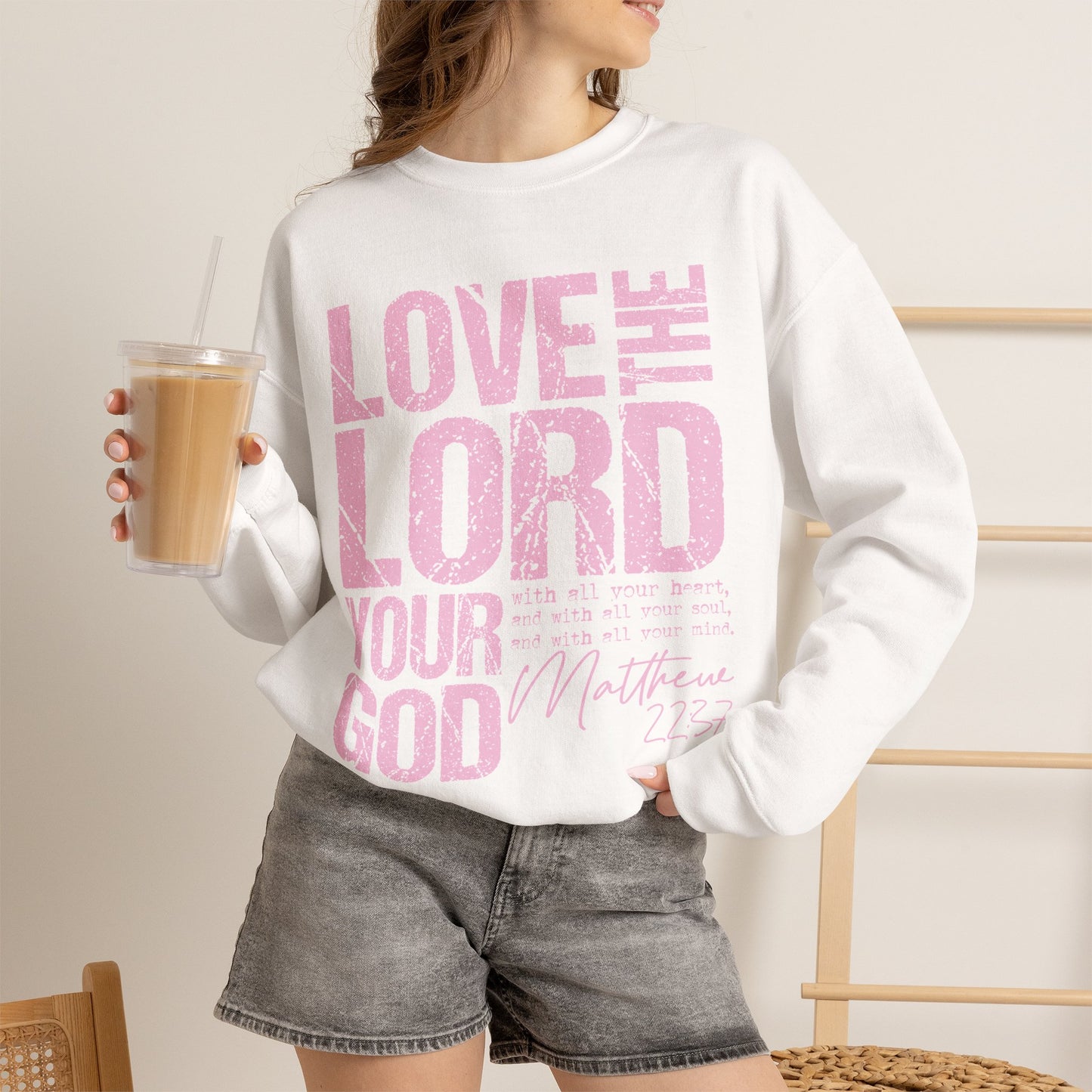 GILDAN - Christian Crewneck Sweatshirt — "Love the Lord Your God" Pink Scripture Graphic