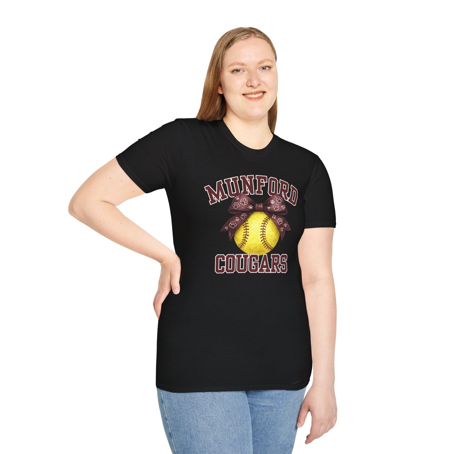 Munford Cougars Softball T-Shirt — Yellow Ball & Bow Team Tee