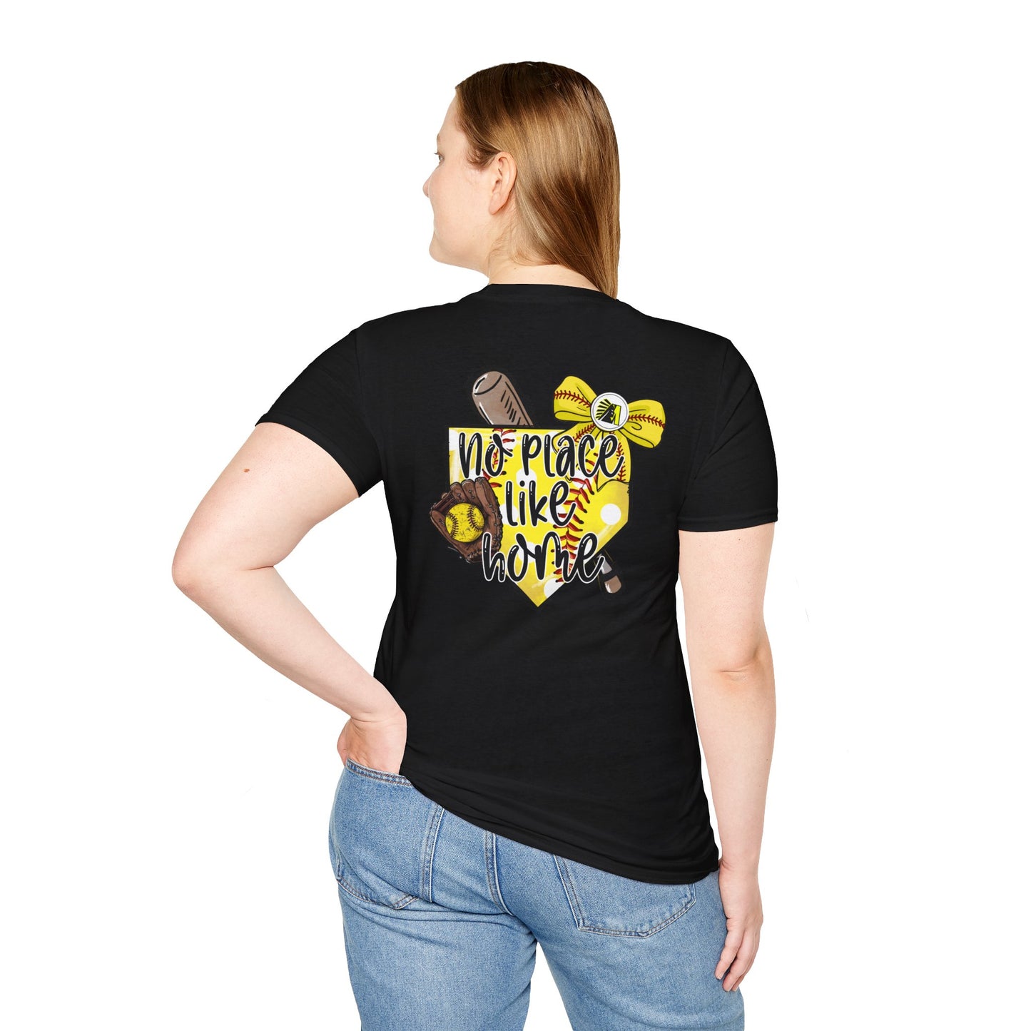 Softball T-Shirt — "No Place Like Home" Yellow Glove & Bat Design