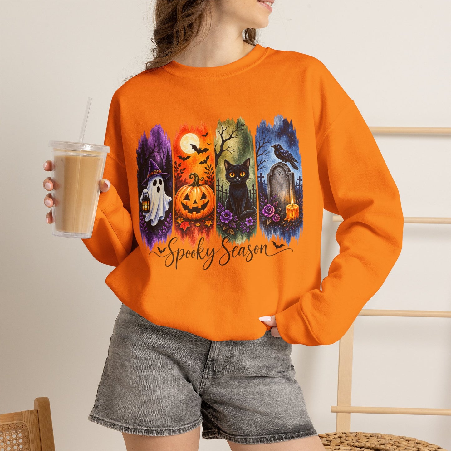 GILDAN - Spooky Season Halloween Crewneck Sweatshirt — Ghost, Jack-O'-Lantern & Black Cat Design