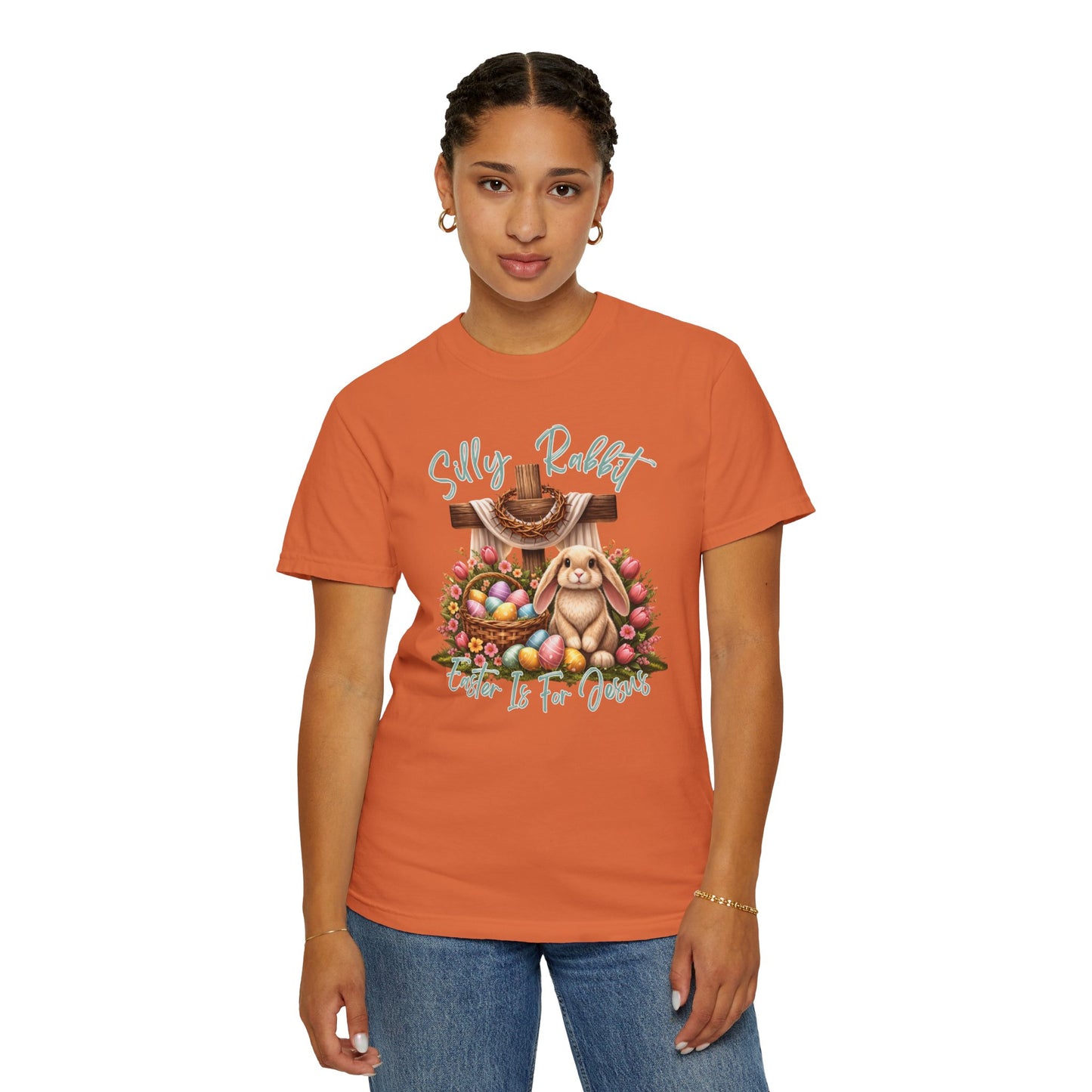 COMFORT COLORS -  Silly Rabbit Easter Bunny T-shirt | Pastel Eggs, Basket, Cross Back Print