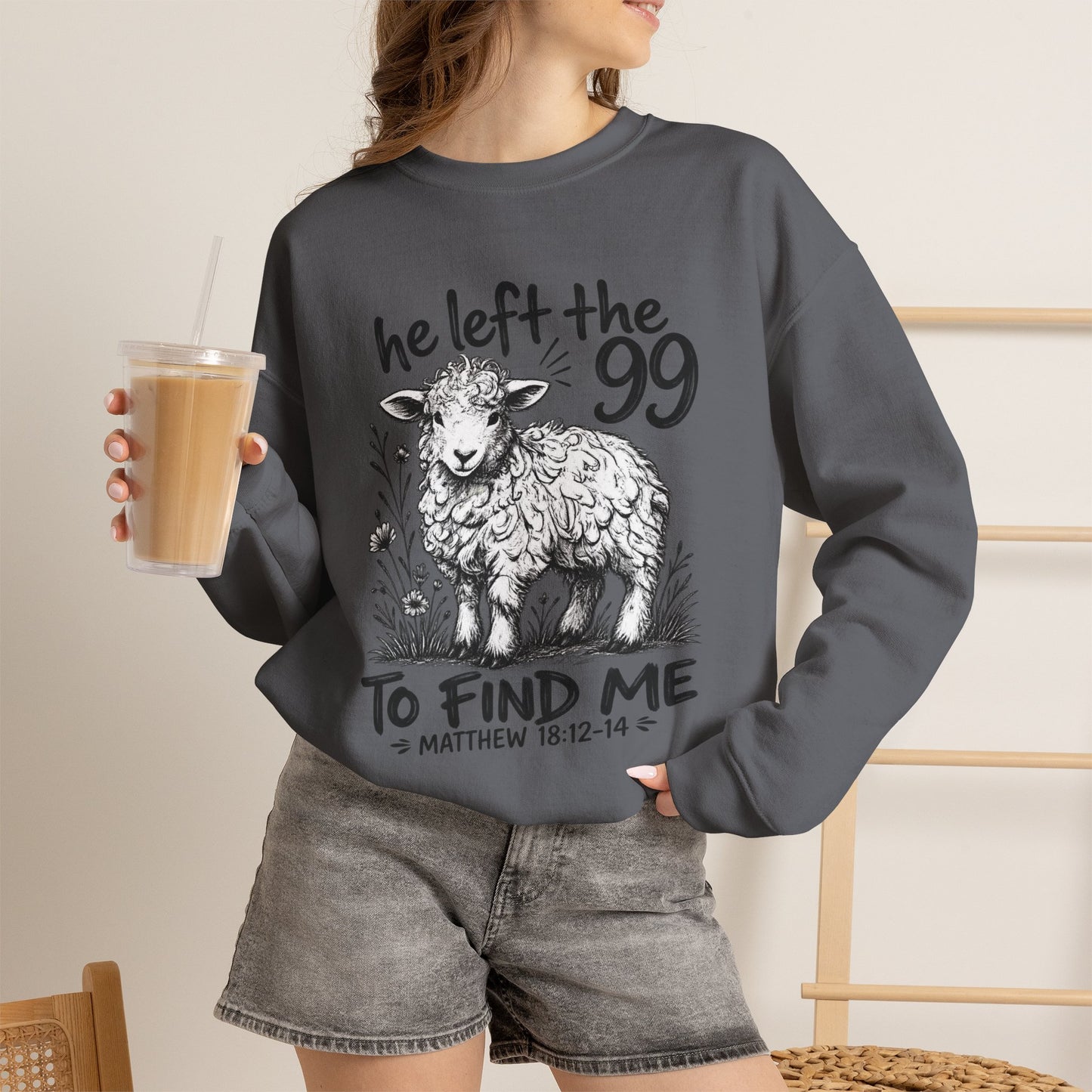GILDAN - Christian Crewneck Sweatshirt — "He Left the 99 to Find Me" Lamb Graphic