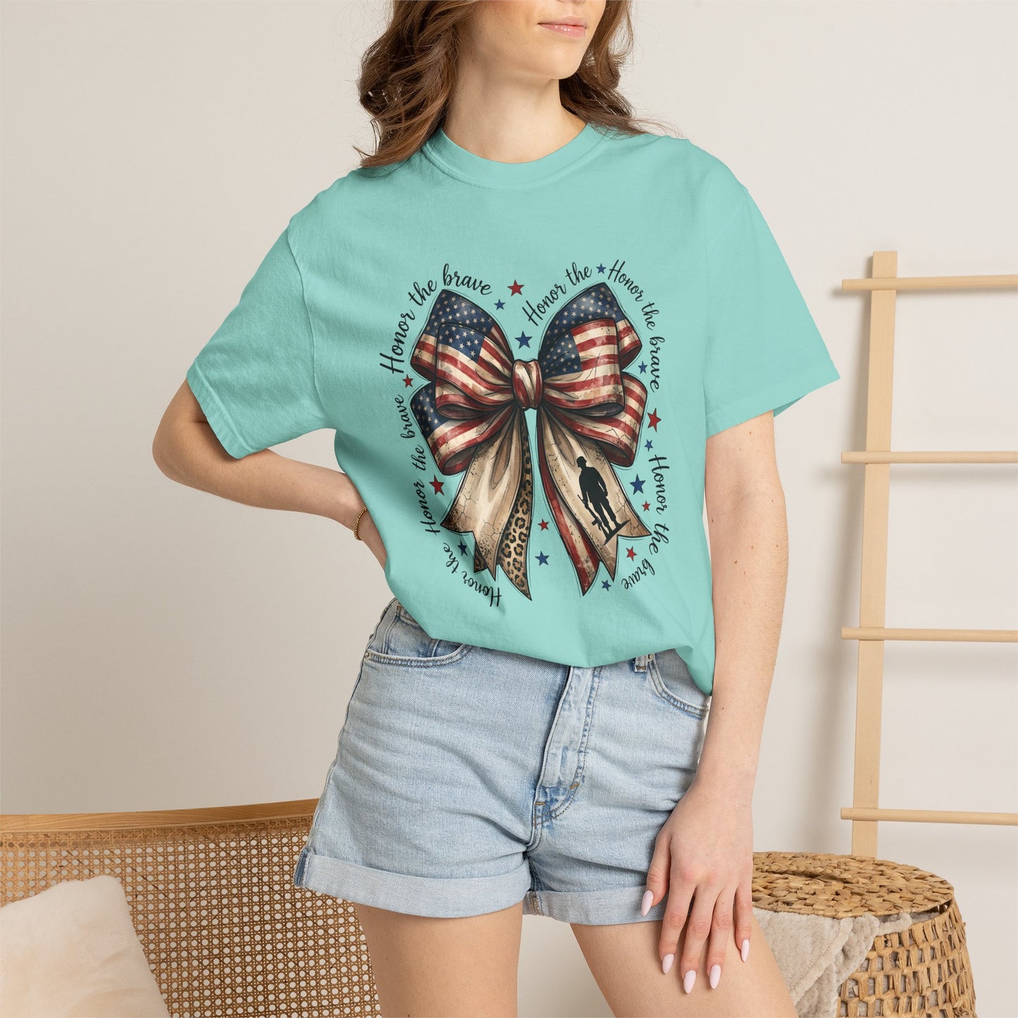 COMFORT COLORS - Patriotic American Flag Bow T-Shirt — "Home of the Brave" Fourth of July Tee