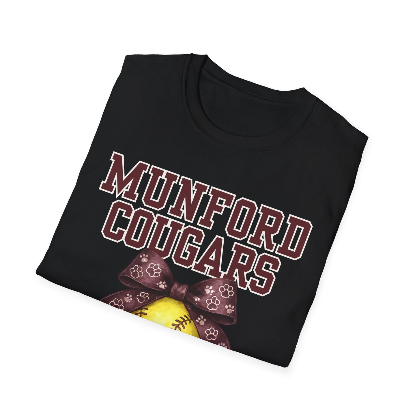 Munford Cougars Softball T-Shirt — Yellow Ball with Bow Team Tee