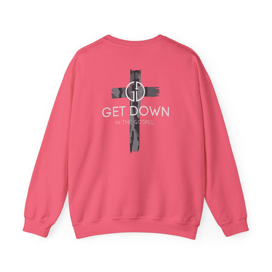 GILDAN - GET DOWN IN THE GOSPEL ADULT SWEATSHIRT GRAY CAMO CROSS