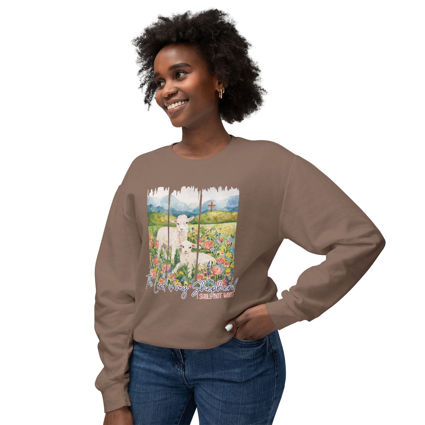 COMFORT COLORS - Shepherd Lamb Crewneck Sweatshirt — "Thou Wilt Keep Him in Perfect Peace" Floral Lamb Design