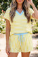 Red Stripe Colorblock Trim V Neck Tee Drawstring Elastic Waist Short Set